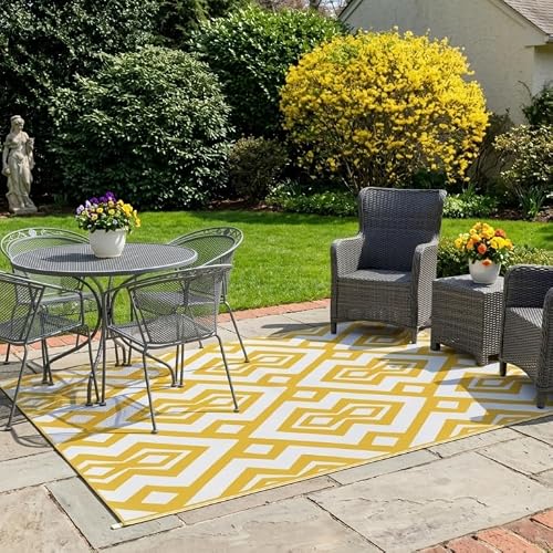 Image of HomeTronix Outdoor RugGarden Rug Outdoor Waterproof Patio Rugs UV Resistant Camping Mat Plastic Strawfor Patio Balcony Beach BBQ Picnic Deck Travel Rug 180 x 270 cm (Yellow)