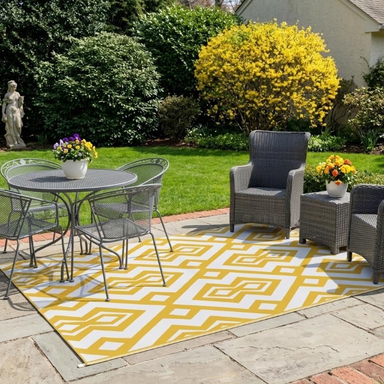 HomeTronix Outdoor RugGarden Rug Outdoor Waterproof Patio Rugs UV Resistant Camping Mat Plastic Strawfor Patio Balcony Beach BBQ Picnic Deck Travel Rug 180 x 270 cm (Yellow)