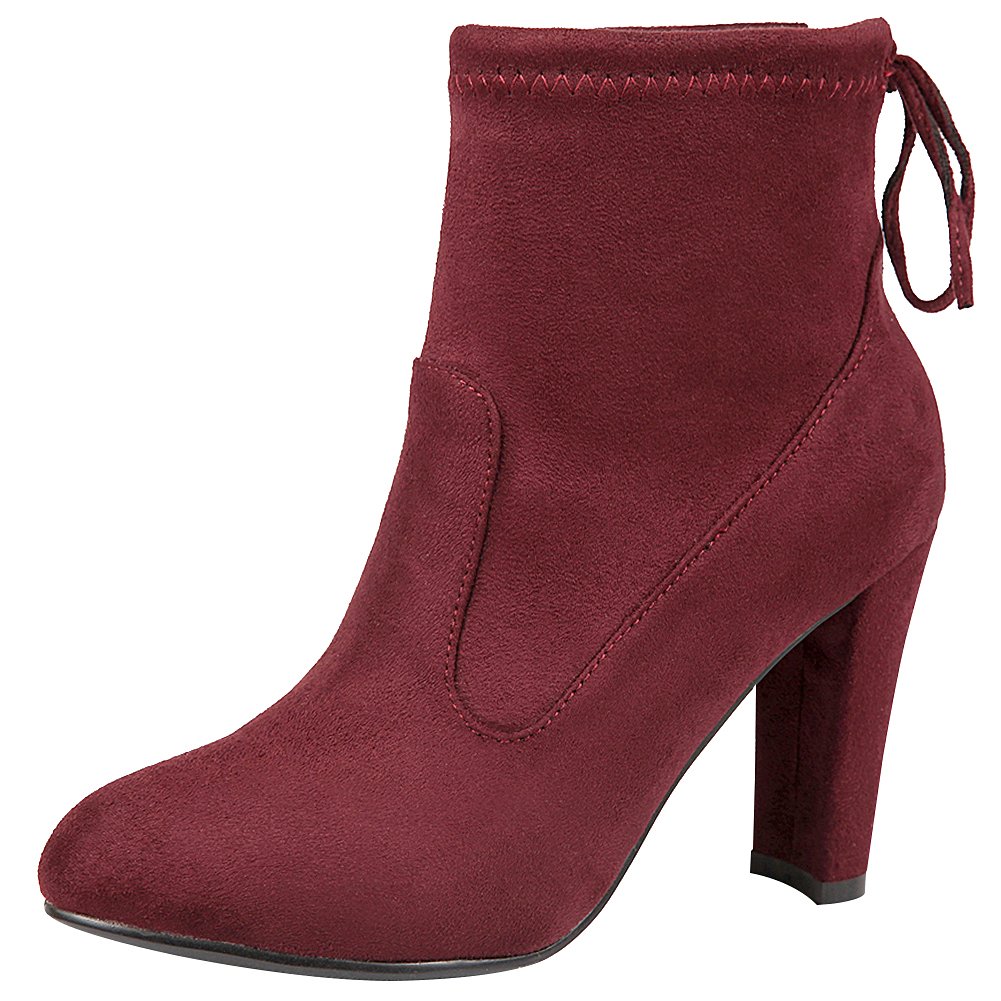 Jamron Women's Soft Flannelette Elegant High Block Heel Ankle Boots Adjustable Shaft Width with Drawstring