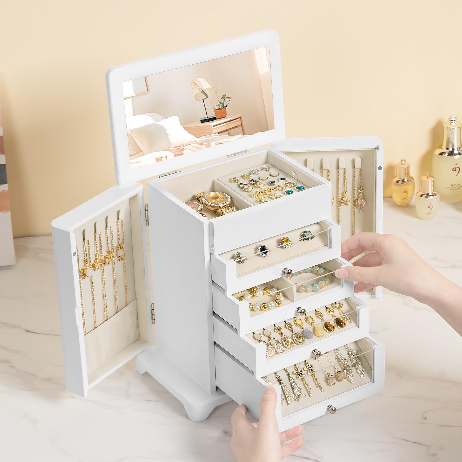 Grande coffret et organiseur de bijoux pour femme, rangement à bijoux en bois avec 4 tiroirs transparents, convient pour ranger colliers, bagues, bracelets, boucles d'oreilles（Blanc）