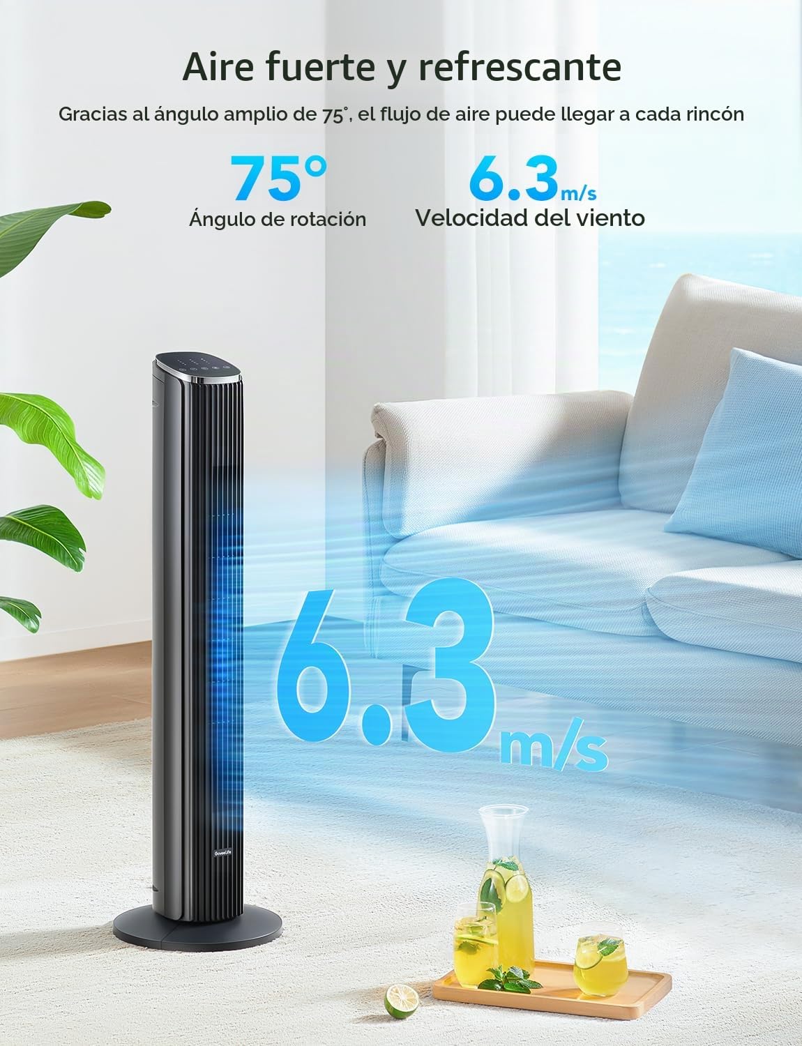 GoveeLife Ventilador de Torre 8 Velocidades 75 Grados Oscilación | Inteligente, Velocidad de 6,3 m por segundo,5 Modos,Temporizador 24 Horas,Control por App y Voz con Refrigeración