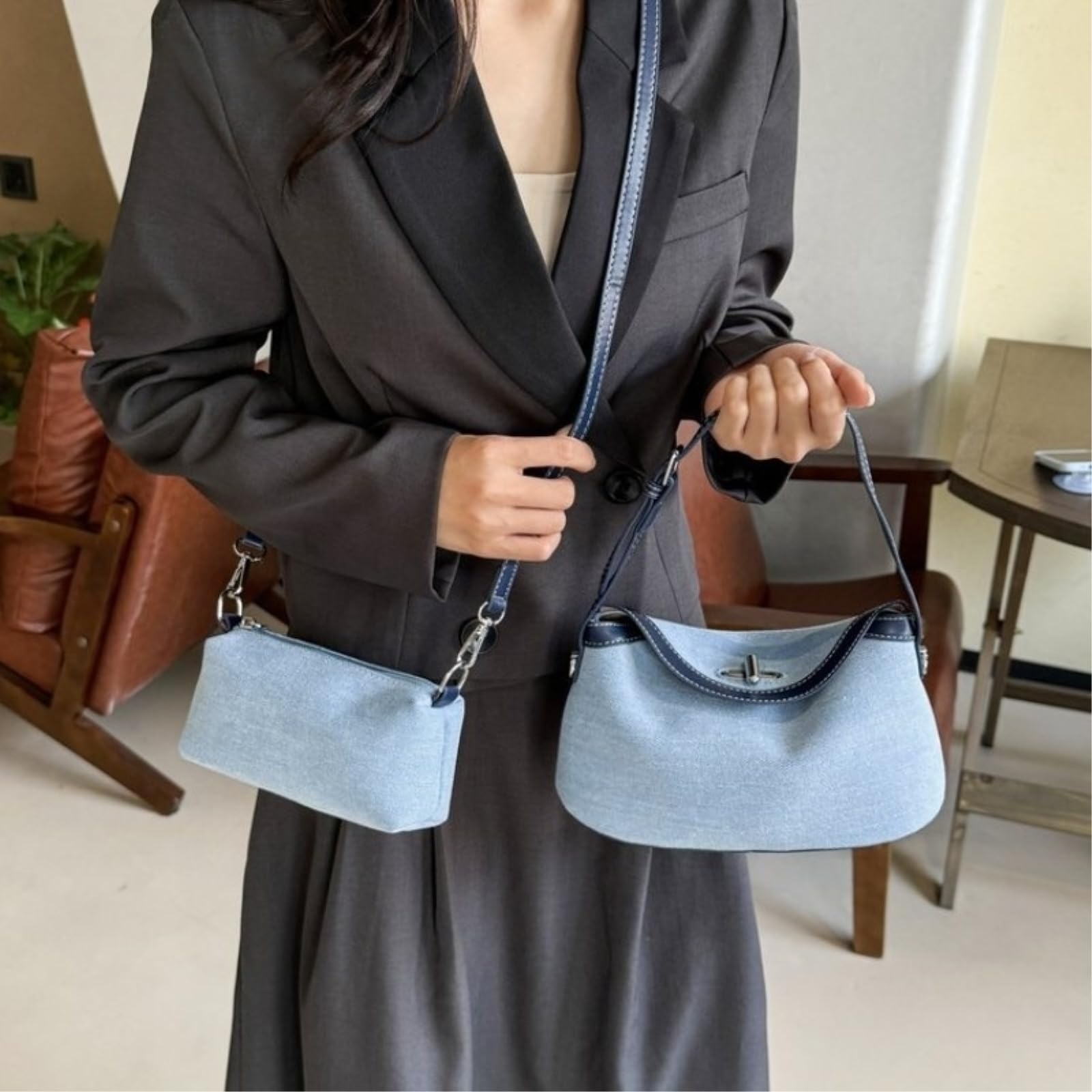Bolso Mujer Hobo De Hombro Diario para Las Mujeres Denim Azul Claro con Cremallera Gran Capacidad Decoración Oscura-Blue