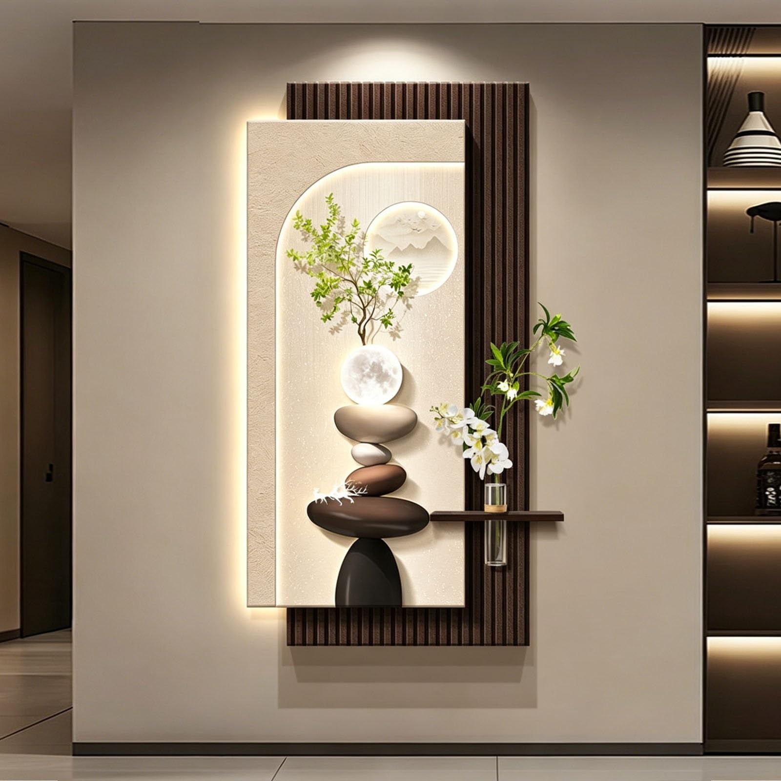KEIFCUACLA 3D Visual-Effect Sandstone Wall Art,LED Warm-Light Artistic Sculpture (with Shelf And Glass Bottle),Ideal Wall Decor For Living Rooms And Bedrooms(D,70 * 140cm/27.6 * 55.1in)