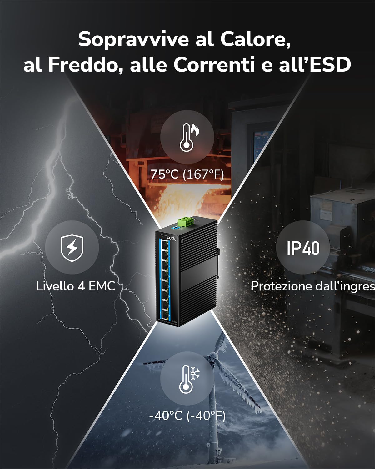 Cudy Switch PoE+ Industriale 8 Porte, 8+2SFP, Guida DIN, -40~75C, IG1008P | 8x PoE+ 120W, 2x SFP, Guida DIN, -40~75C, Doppio DC 48-57V, IP40, 6kV Sovratensione, Plug Play