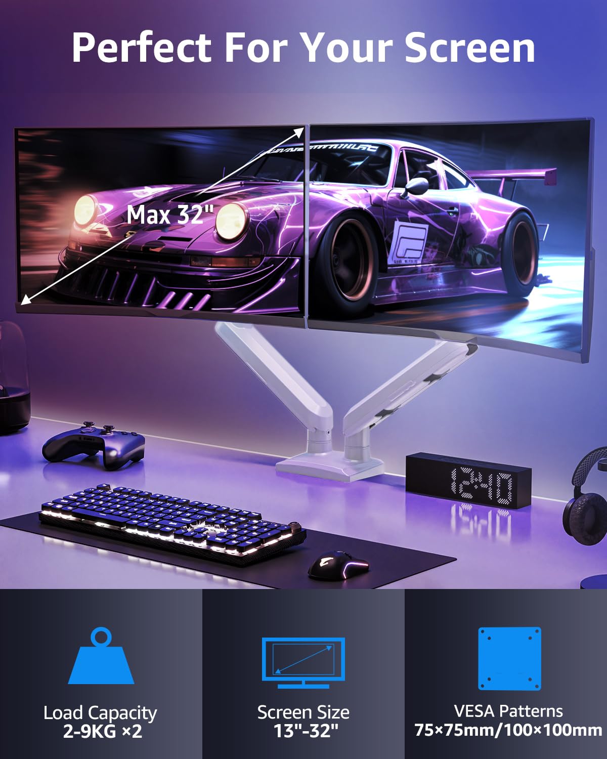ELIVED Monitor Halterung 2 Monitore für 13-32" Bildschirme, Bildschirmhalterung 2 Monitore hält 2-9 kg Monitor mit VESA 75/100mm, Gasfeder Monitor Arm mit Neigbar, Schwenkbar, Drehbar, Weiß, EV6012W