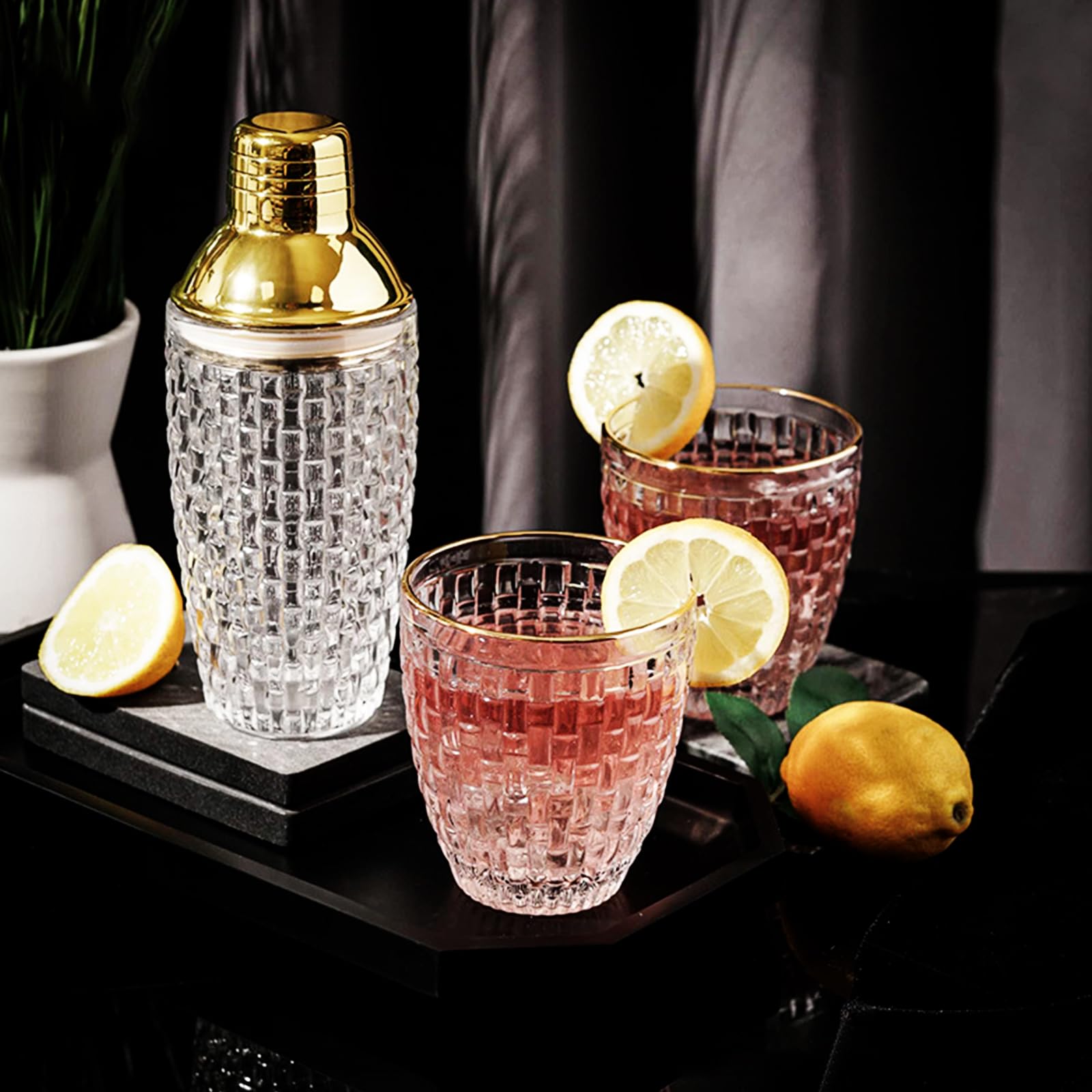 Shaker da Cocktail 400 ml, Set di shaker per cocktail in Acciaio inox e Vetro, Shaker con colino misurino e cucchiaio per casa, bar, vino, succhi di frutta misti, bevande (Oro-2)
