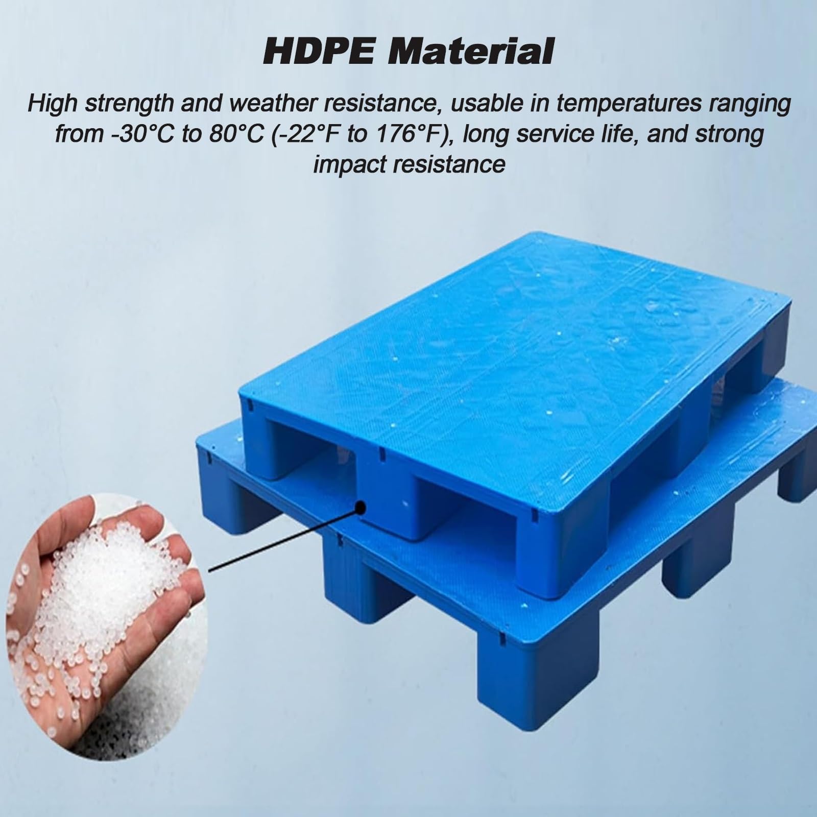 Pallet in plastica HDPE per impieghi gravosi con tubo interno in acciaio 799,7 kg, carico statico 399,2 kg, carico dinamico, ideale per magazzini e cantine, compatibile con carrelli elevatori (modelli
