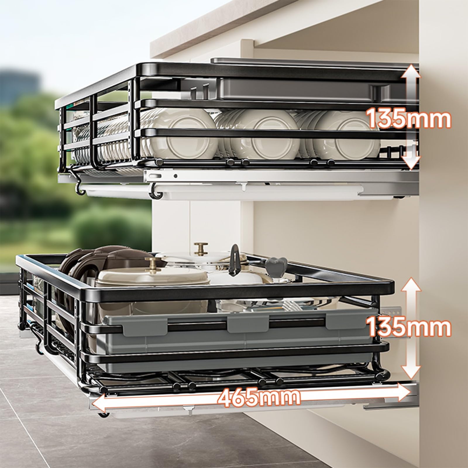 wysuwana szafka, wysuwana szuflada, organizer do szafek kuchennych, montaż > 18,5" D x 21,7 D x 21,7-35,8" W, regulowane szyny, taca na wodę