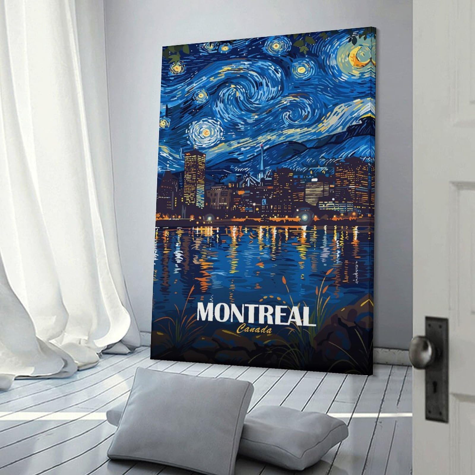 Junmoney Montreal Canada Starry Night Art Hanging Wall Art, 24x36inch(60x90cm), for Lounge, Bedroom Or Personal Spaces, Gift Idea for Housewarming And Birthdays