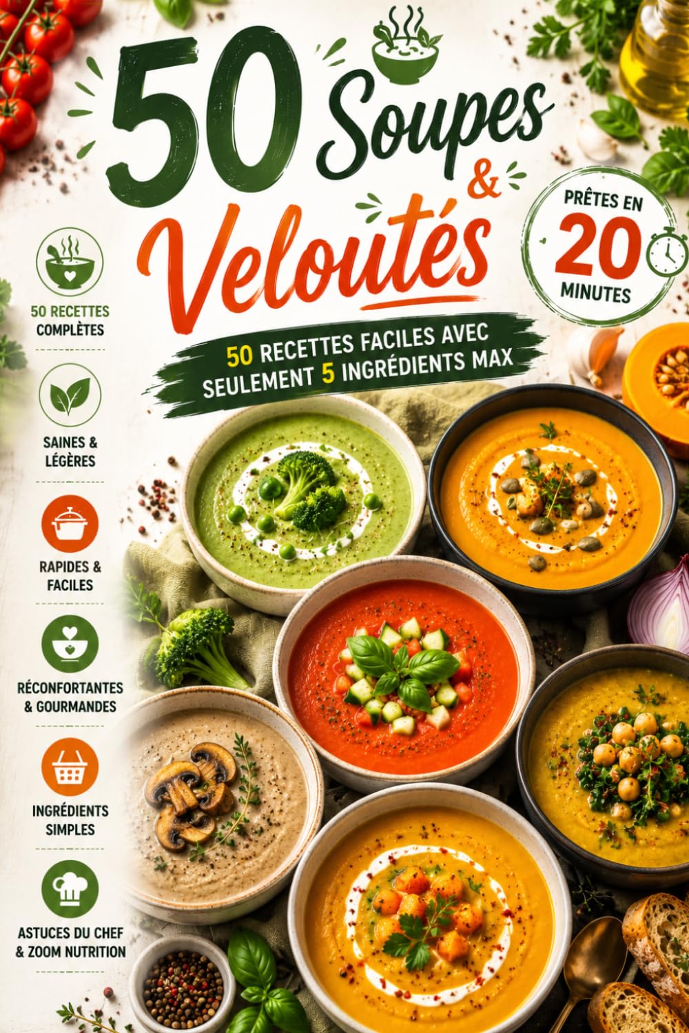 50 Soupes & Veloutés: 50 recettes de soupes et veloutés healthy • 5 ingrédients maximum • Rapides, faciles et gourmandes • Prêtes en 20 minutes