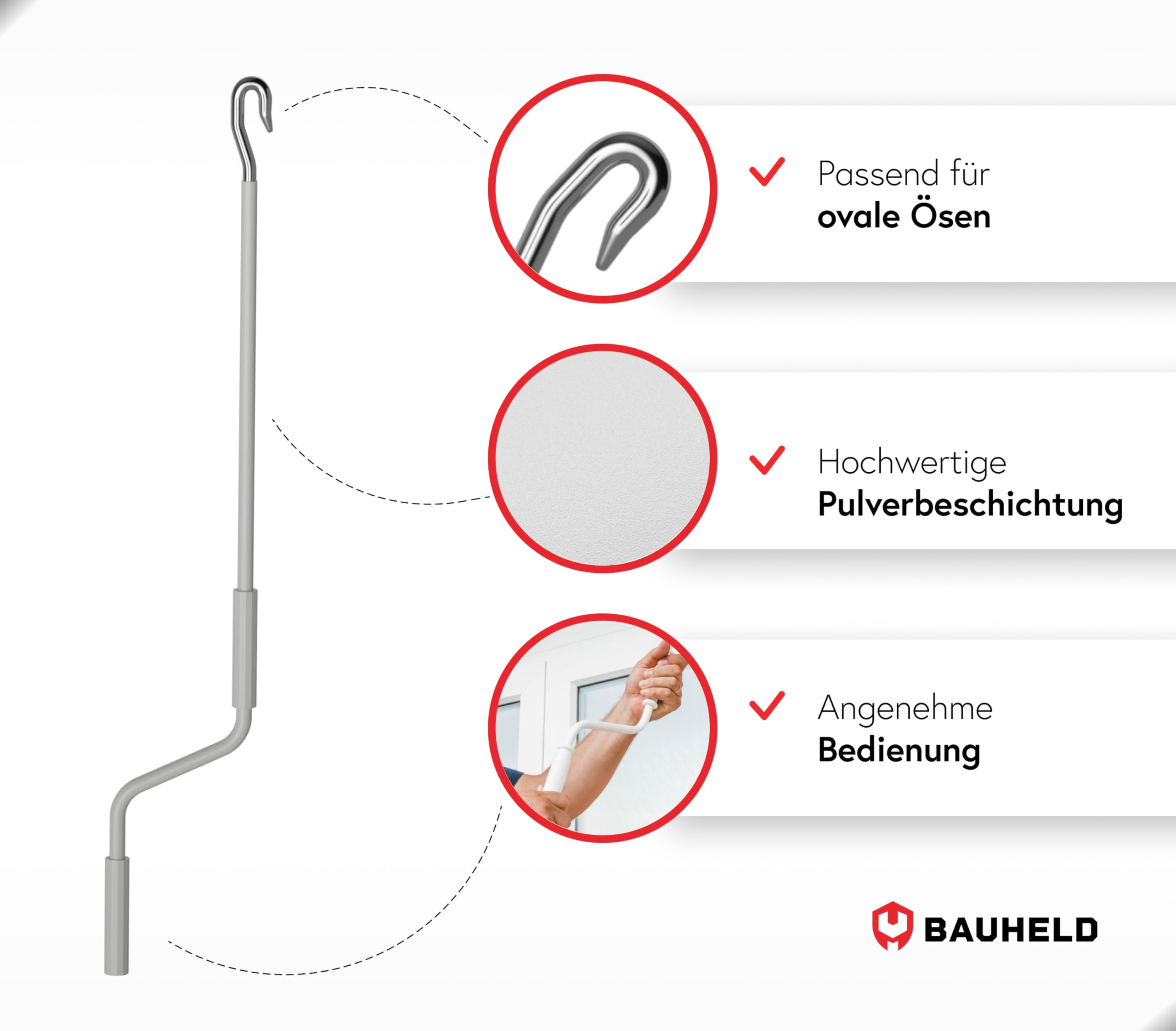 BAUHELD Markisenkurbel mit Fleischer-Haken 100cm - Made in Germany - Markisenstange aus verzinktem Stahl - Stabiler Handgriff aus Kunststoff - Hand-Kurbel kompatibel mit ovalen Markisen-Ösen - Grau