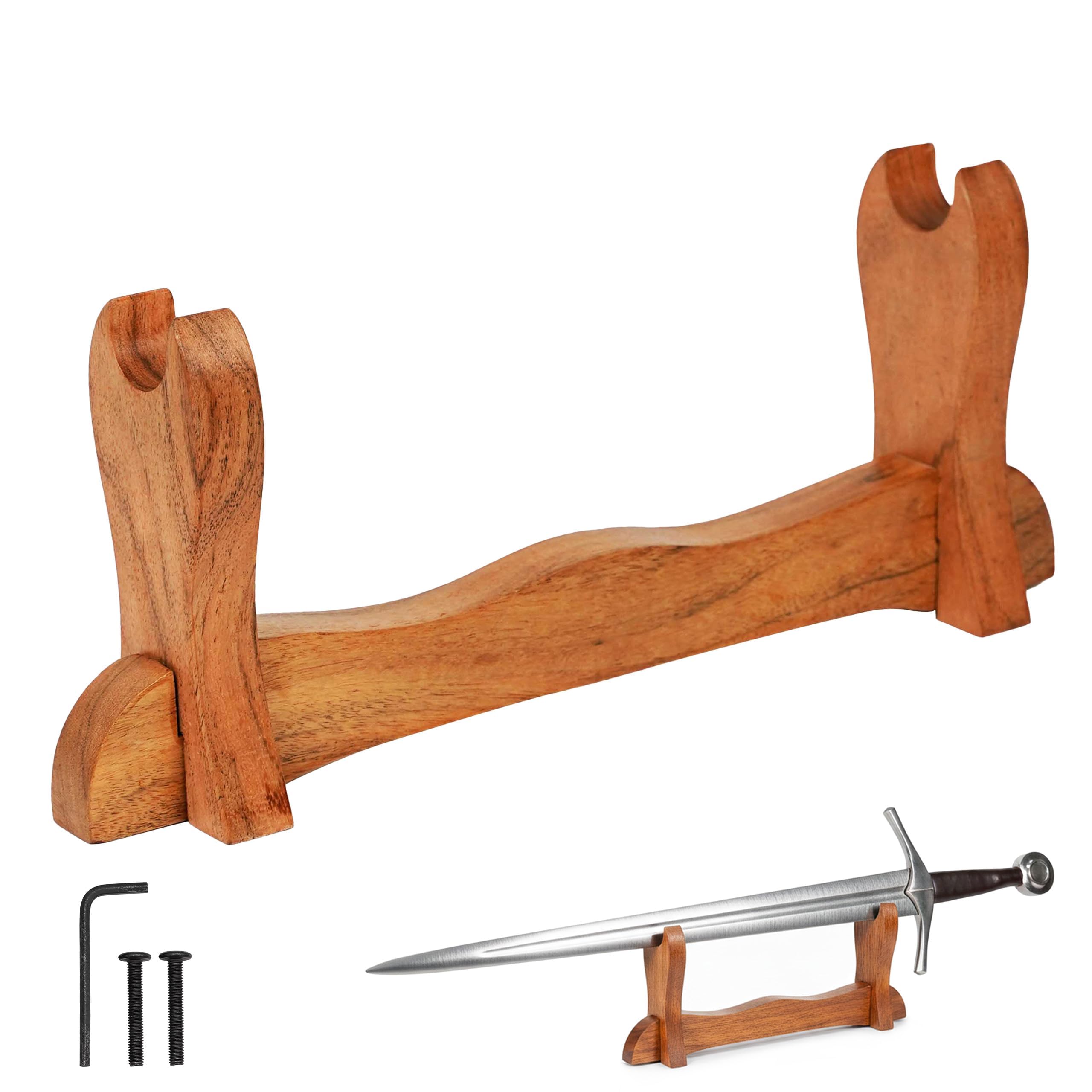 Mythrojan Medieval Sword Stand Solid Wood Horizontal Display Rack for Katana, Samurai, Gladiator, Crusader Swords Elegant Tabletop Holder, 1-Tier