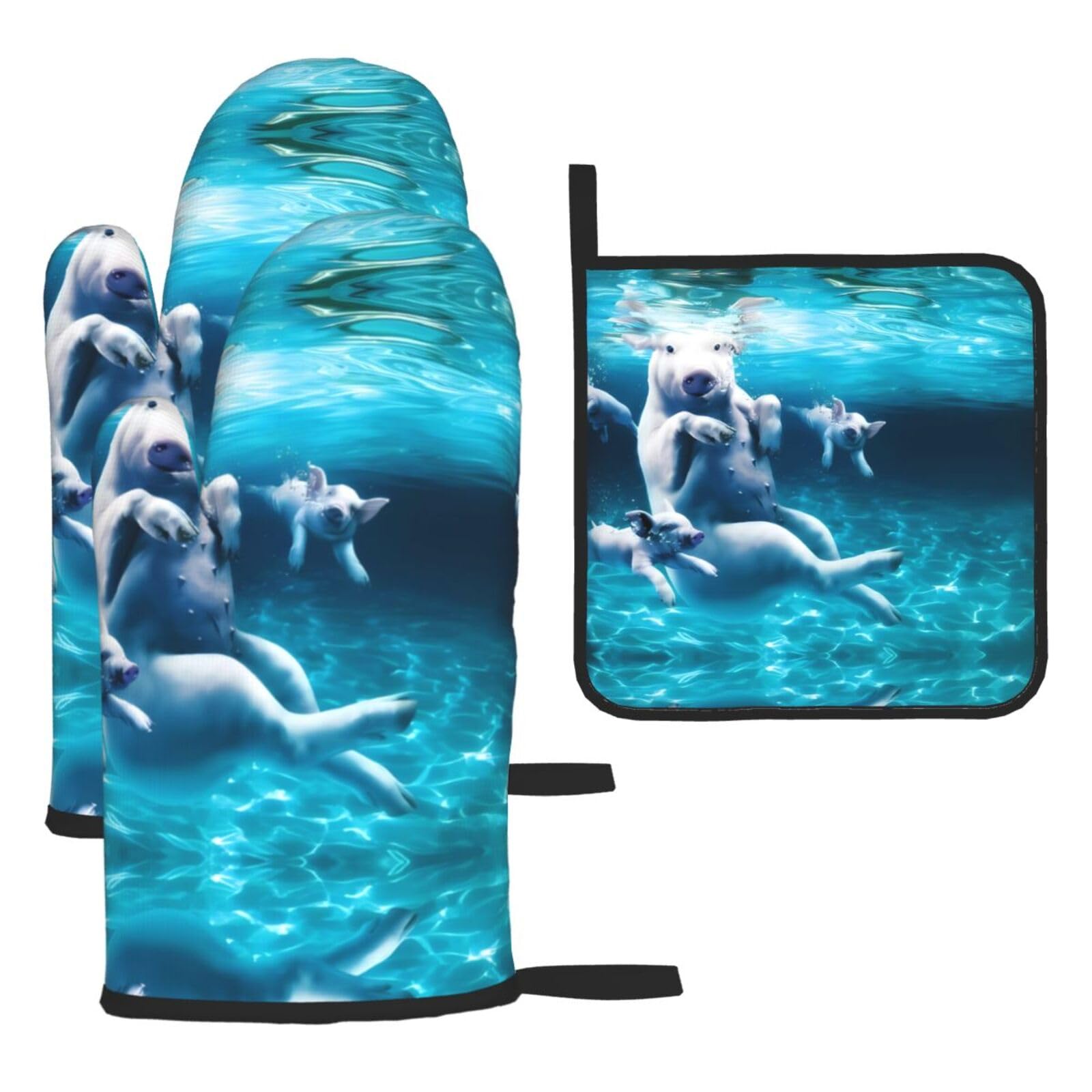 Swimming Pigs Printed Oven Mitt Set 3-Piece | Heat Resistant Gloves & Pot Holder Mat for Cooking, Baking & BBQ