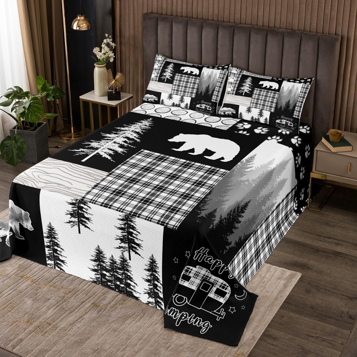 Hunting Bear Bedspread Set Twin Size,Woodland Animal Rustic Cabin Quilt Set for Boys Girls Kids,Buffalo Plaid Patchwork Coverlet Set RV Camping Decor,Jungle Pine Tree Footprint Quilted Grey Black