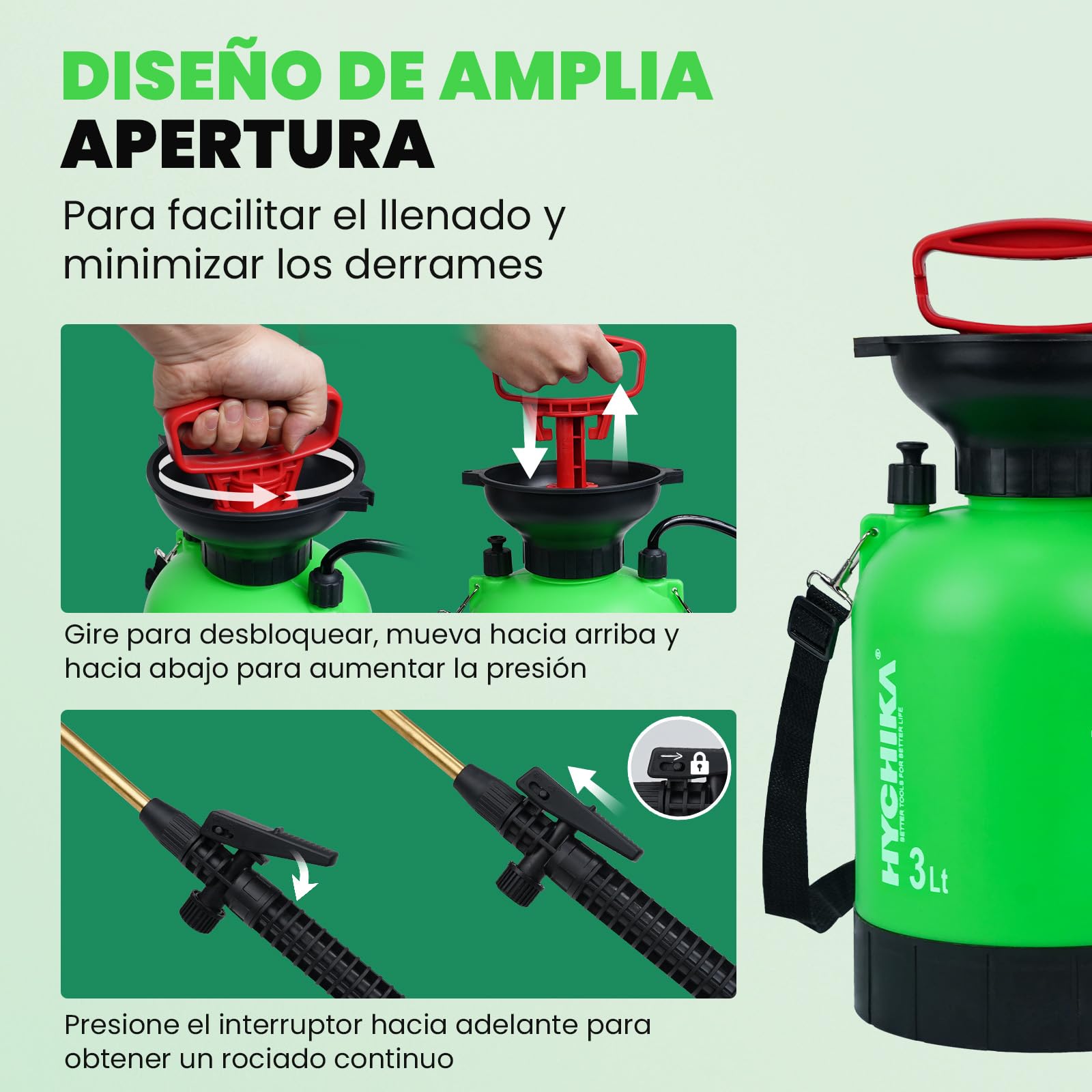 HYCHIKA Pulverizador Agua 3L, Pulverizador Plantas con Boquilla Ajustable y Correa para el Hombro, Sulfatadora Manual Spray Bottle Adecuado para Jardin, Patios y Mantenimiento de Plantas