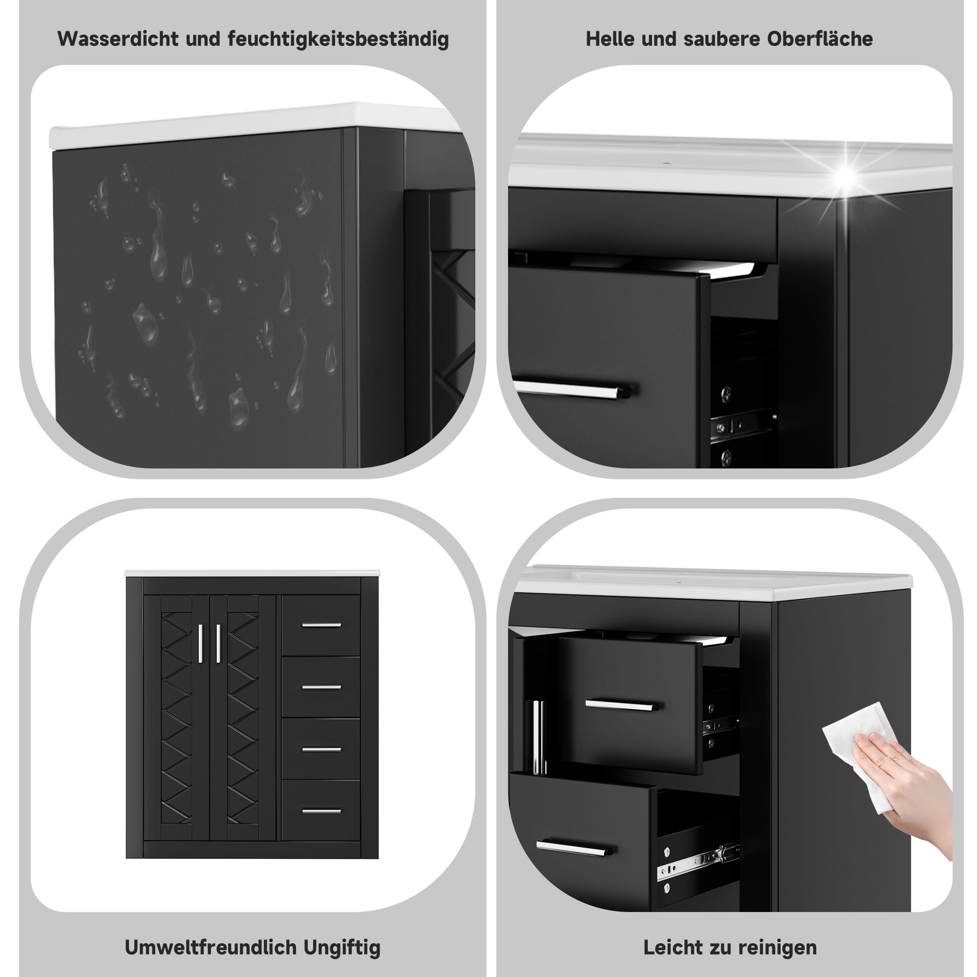 Merax Badezimmerschrank mit Waschbecken, komplett lackiert, DREI leise Schubladen + Doppeltüren, Soft-Close Scharniere für große Familien, Waschtisch, freistehend, Schwarz/76x46.5x85.5cm
