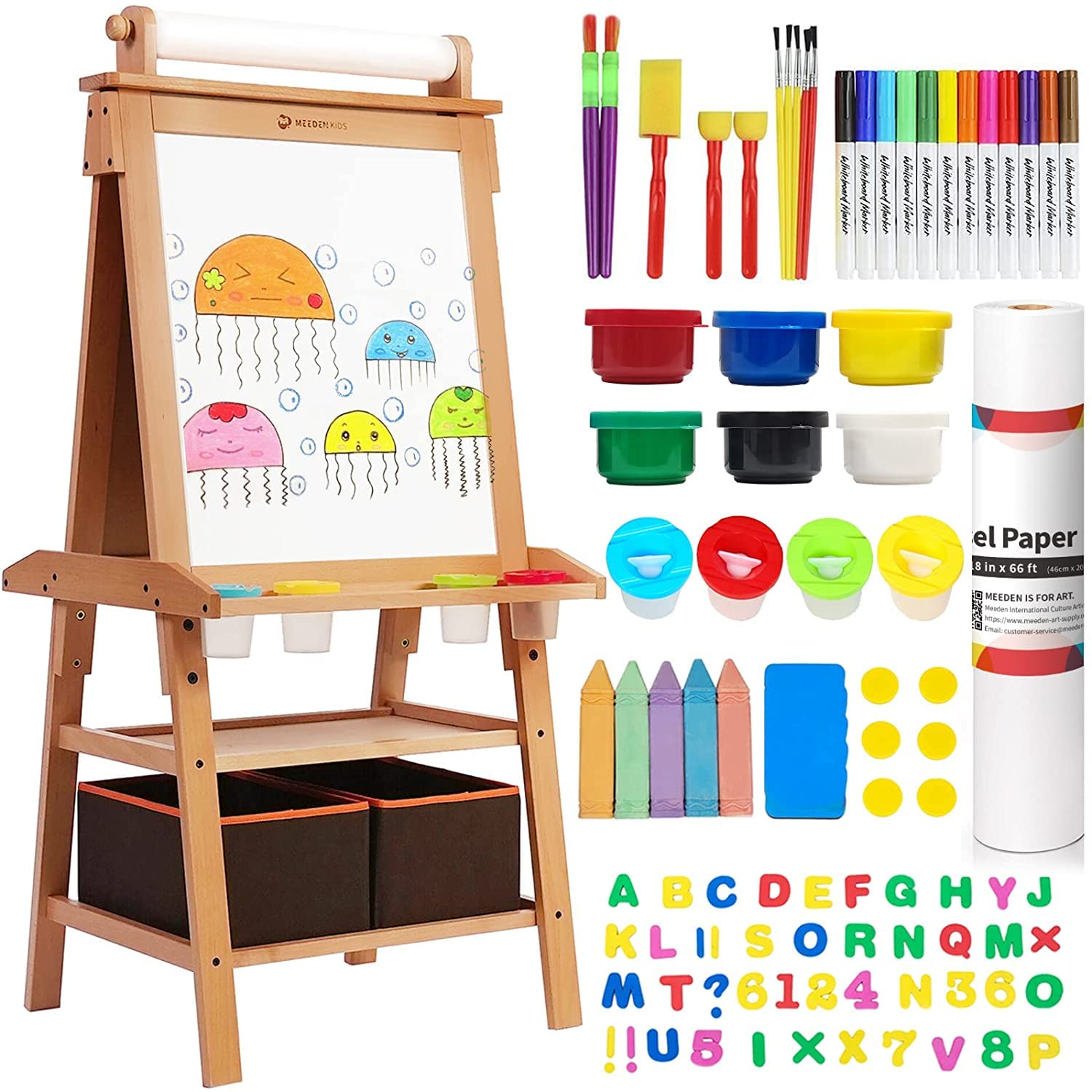 MEEDEN Kids Art Easel,Solid Beechwood with Double-Sided Standing Blackboard & White Board,1 Paper Roll,2 Storage Baskets,Educational Toys and Other Art Supplies for Toddlers (Natural)