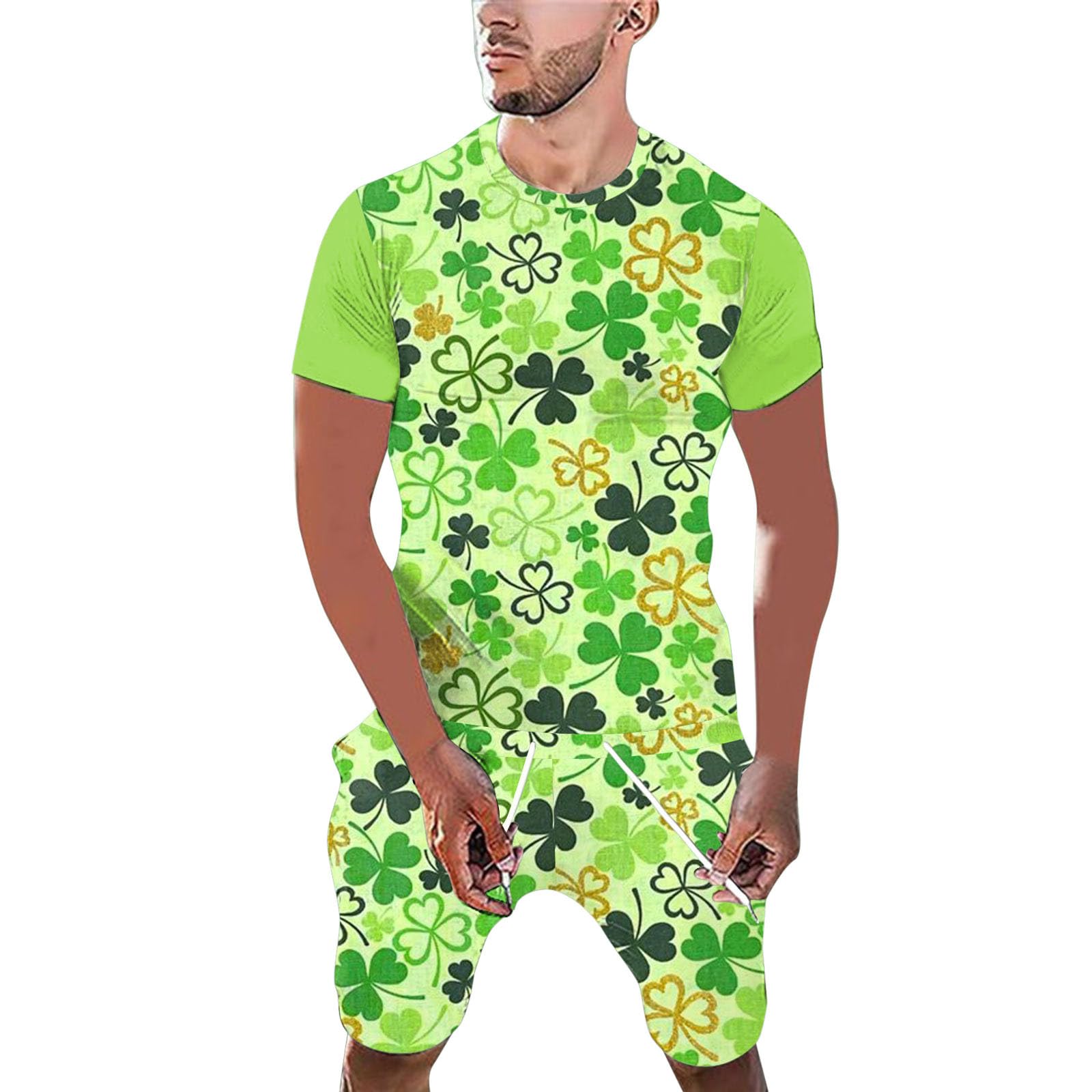 Irish Leprechaun Fancy Dress Costume for Men 2 Piece Green Suit with Funny Graphic T-Shirt & Stretch Shorts St Patrick's Day Party Outfit, St Paddy's Celebration