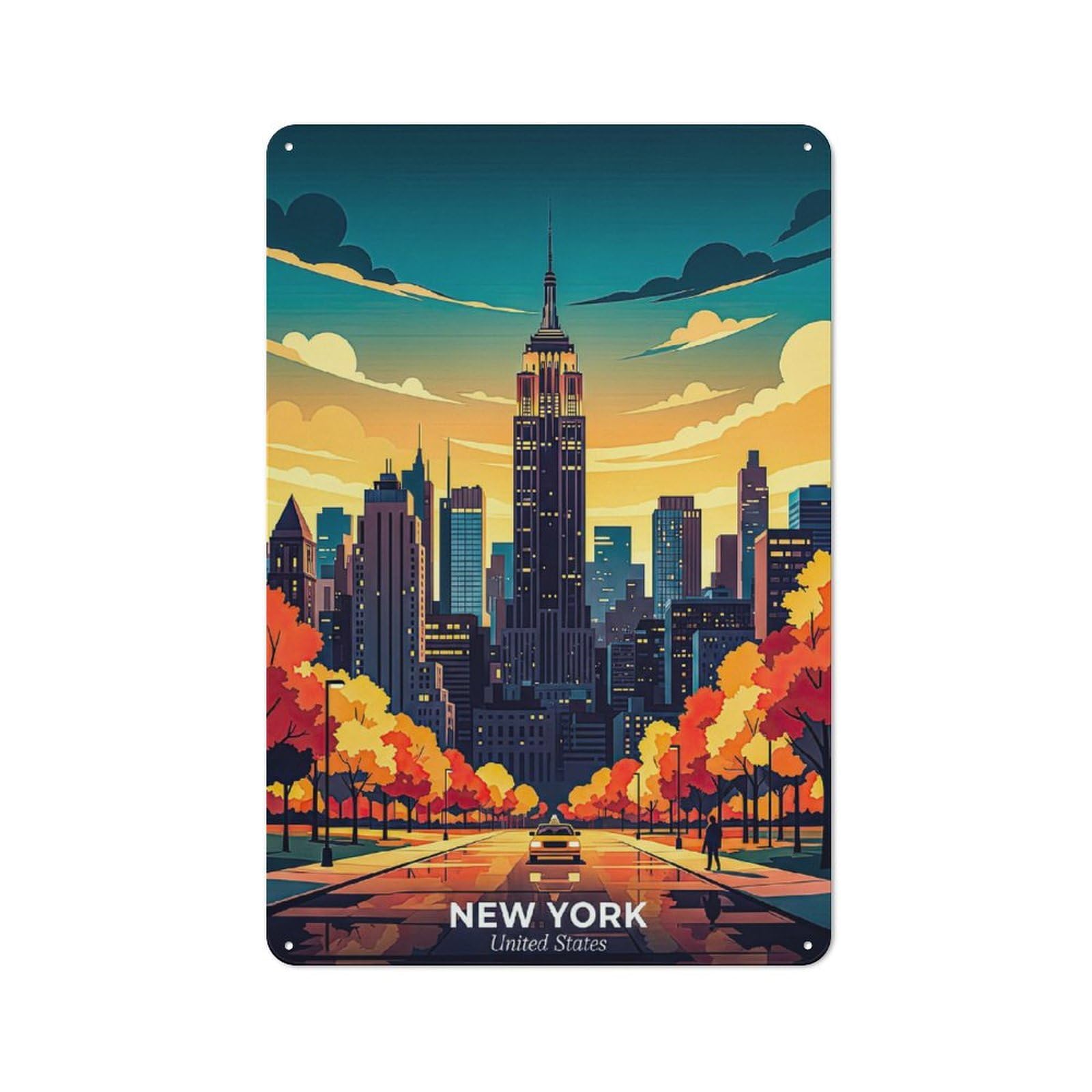 Metal Plaque with New York Cityscape at Sunset Design 30x20cm, Rustic Cafe Wall Decor for Restaurant, Kitchen, Counter Or Breakfast Nook