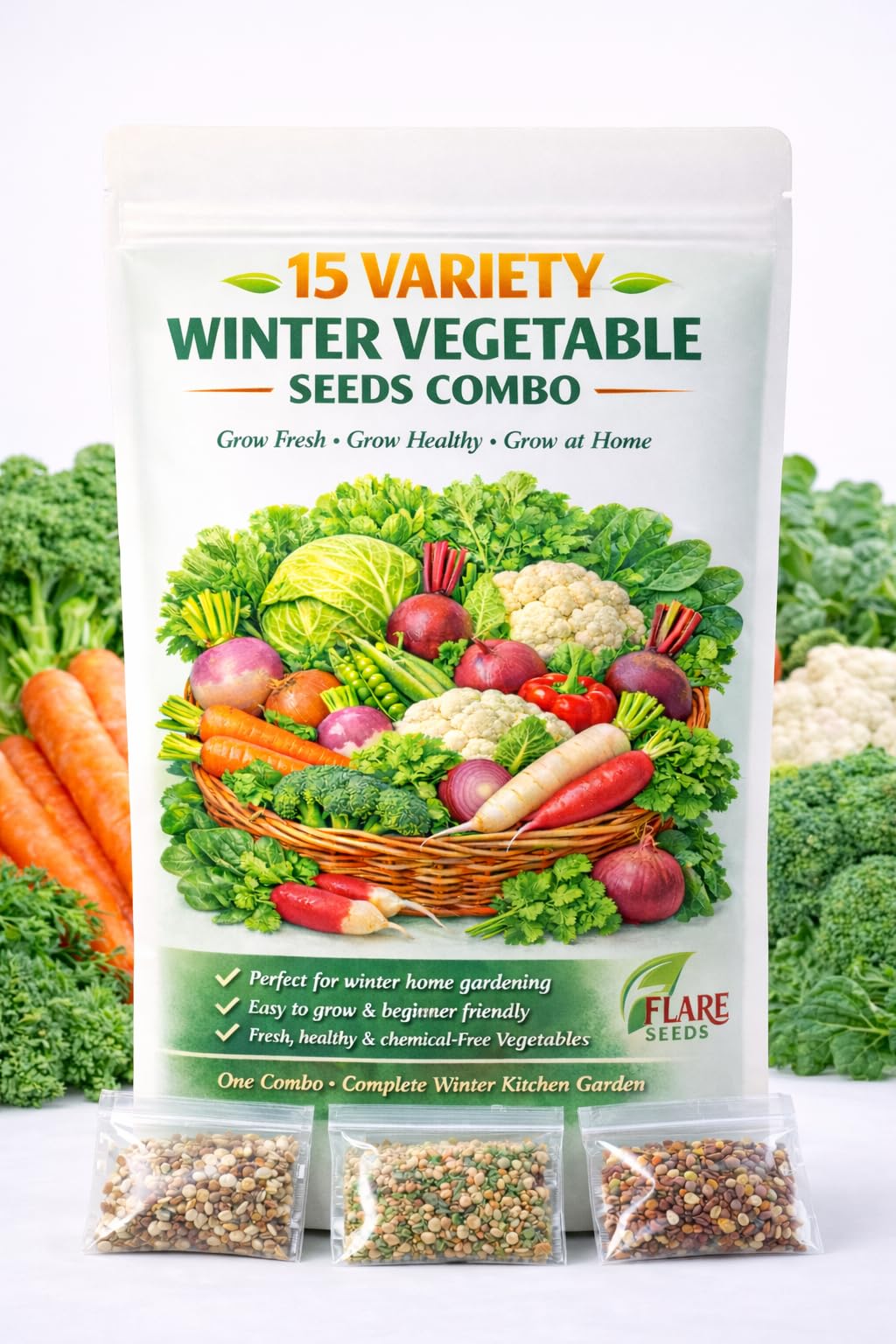 Flare Seeds 15 Variety Winter Vegetable Seeds Combo Pack, 200 Count, Cabbage Cauliflower Carrot Radish Turnip Beetroot Onion Peas Spinach Coriander Fenugreek Broccoli Capsicum Knol Khol Mustard Greens-image-14