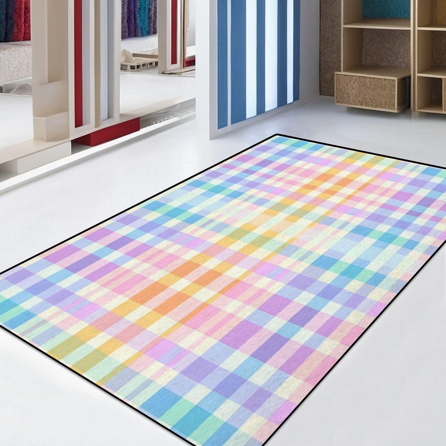 Gingham Check Plaid Pattern for Spring Summer Colorful Pastel Rainbow Area Rug Outdoor Patio Rug Play Mat Modern Floor Carpet Non-Slip Home Decor Living Room Kids Bedroom Nursery, 3x5 ft
