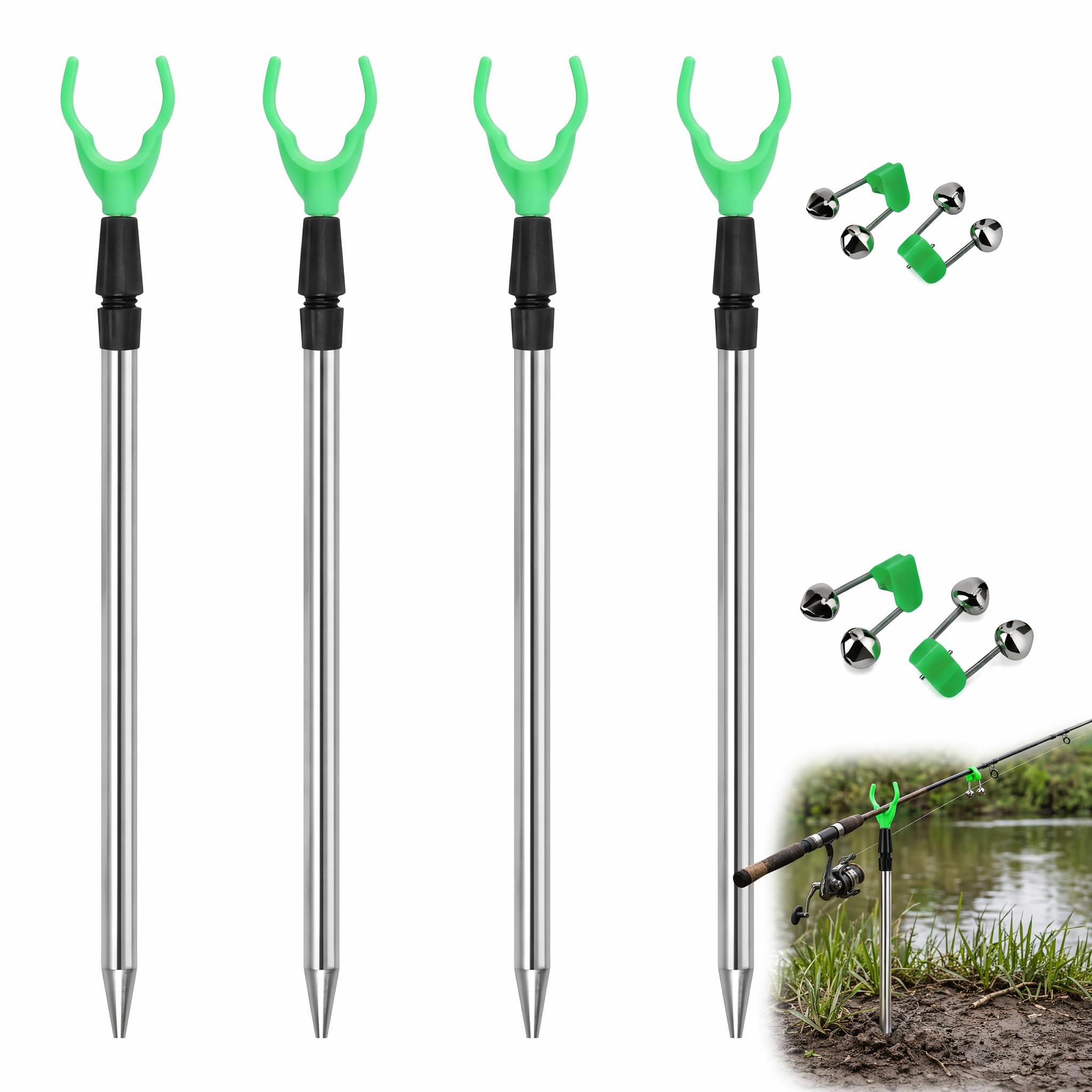 Fishing Rod Holder, 4PCS Bank Sticks Adjustable Extending Rod Rest Fishing Accessories Telescopic Fishing Rod Stand Set with 4 Pcs Alarm Bells for Bank Sea Lake River Anglers