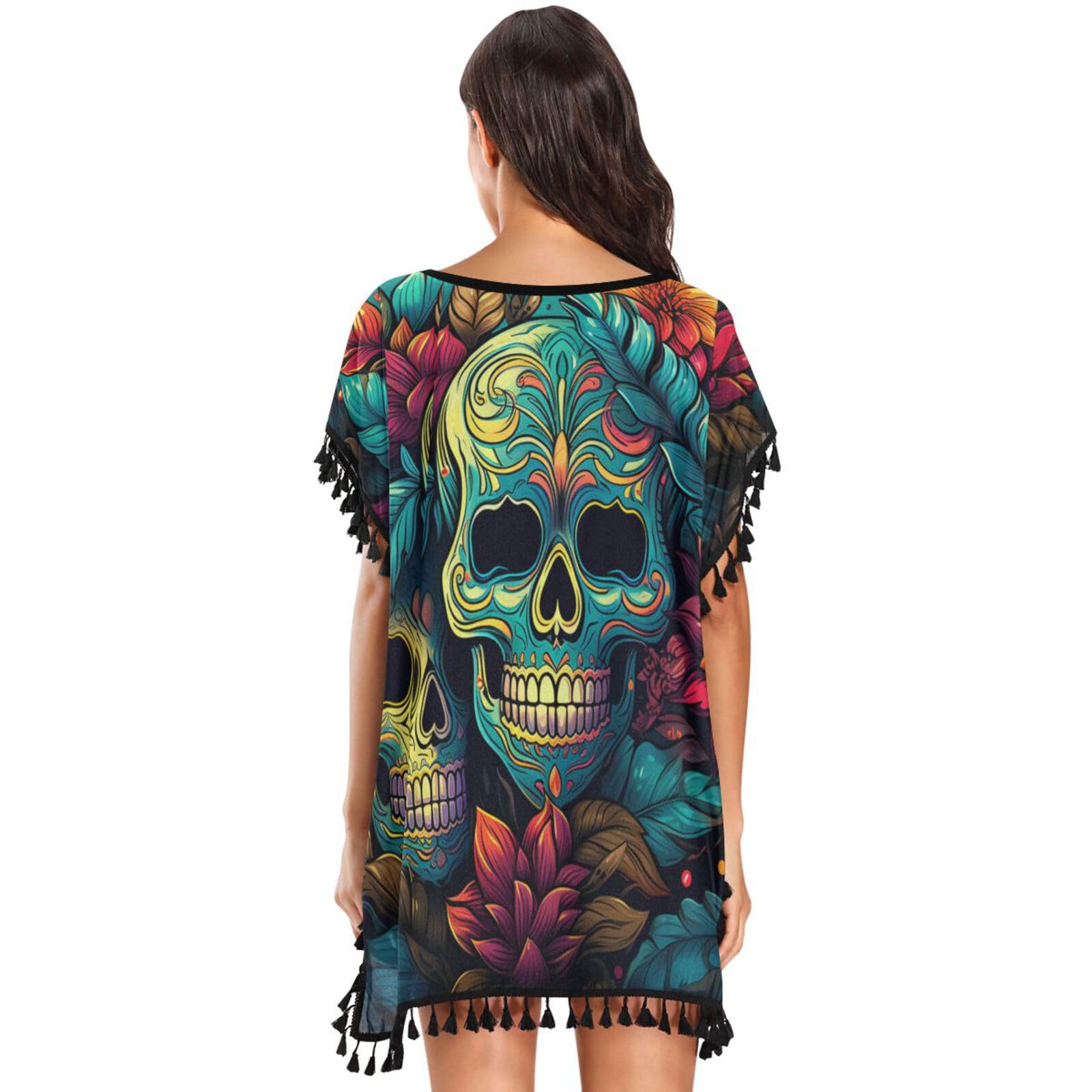 Cyan Skulls Blossom Flower Women's Beach Cover Up Chiffon Tassel Swimwear Swimsuit Coverups for Girl
