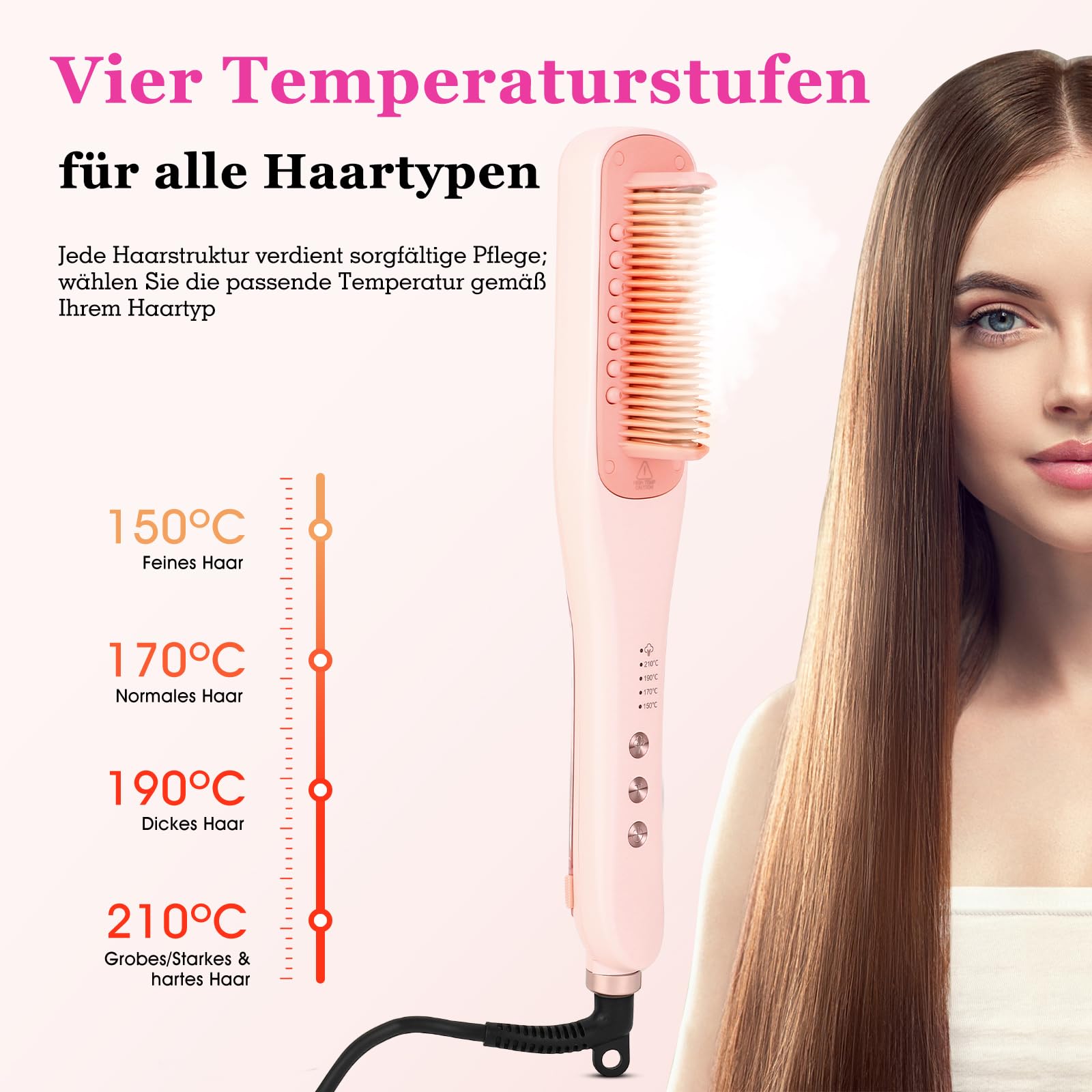 Dampf-Glättbürste mit Dampf Pflege, 30s Aufheizen, 30min Auto-Aus (Rosa) | Tiefe Dampfpflege, 4 Temp. (150°C–210°C), inkl. Aufbewahrungstasche, hitzebeständigen Handschuhen und Reinigungsbürste