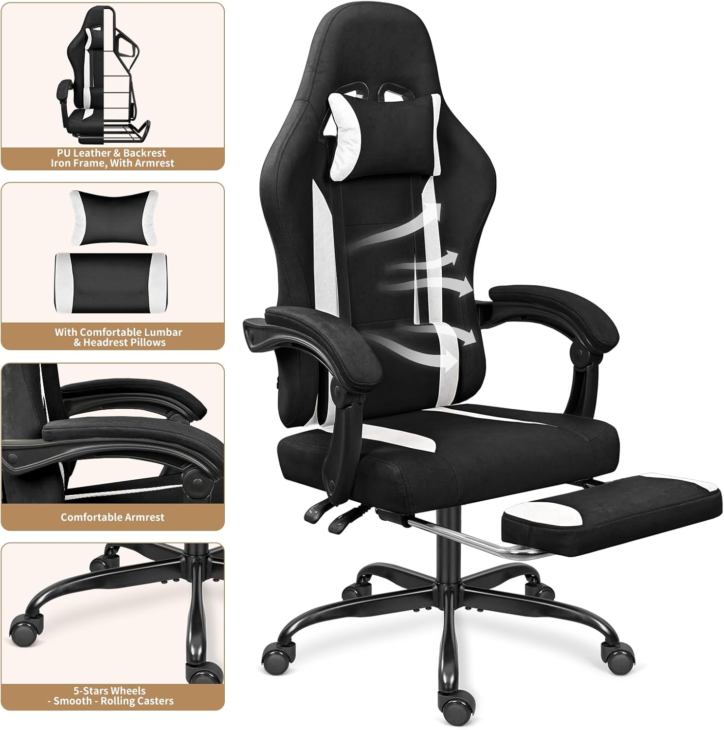 Breathable Fabric Gaming Chair with Footrest, Height Adjustable Game Chair, Video Gaming Chair for Gaming Room, Living Room and Office - Black/White - Image 4