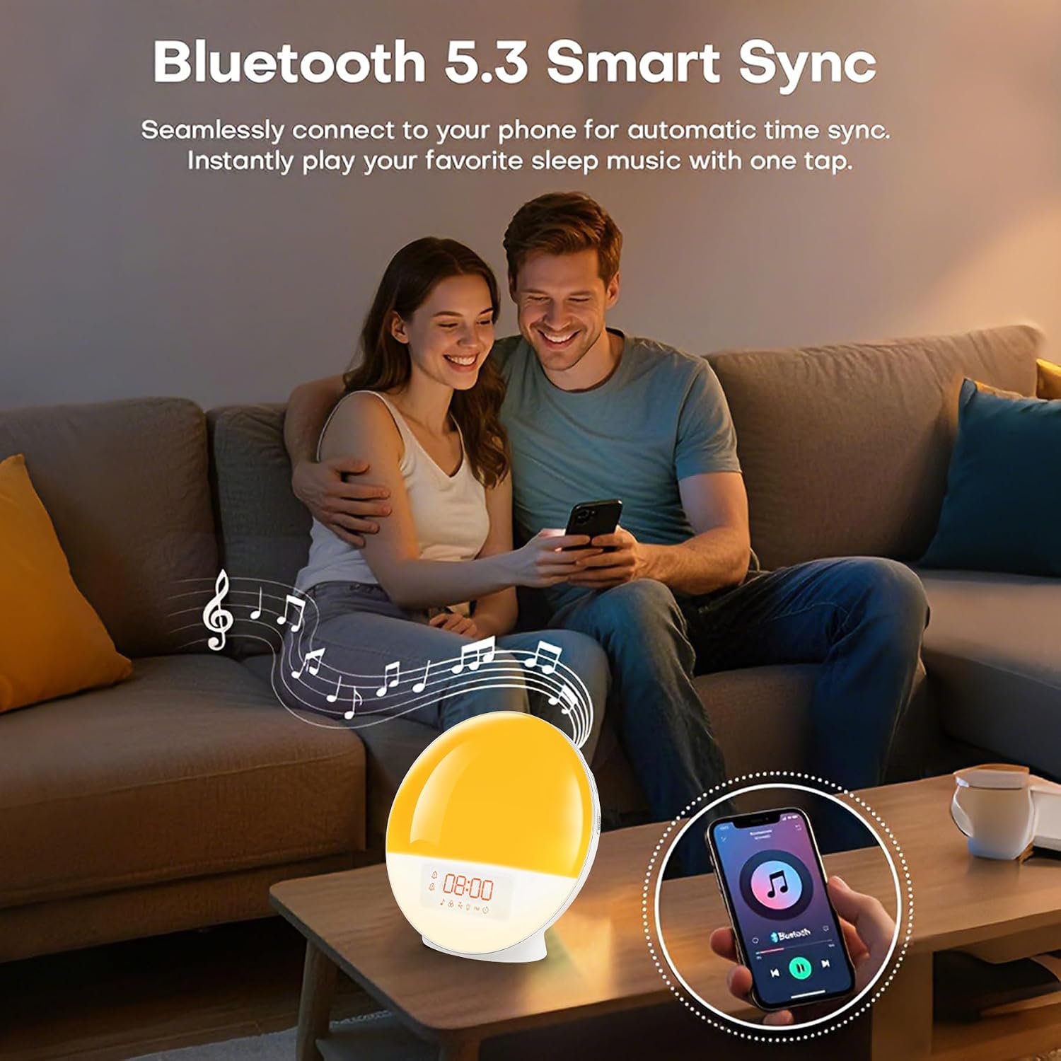 Sunrise Alarm Clock with Bluetooth Speaker Noise Sound Machine | 7 Soothing Sounds,11 Night Lights, FM Radio,Dual Alarm with Snooze,Screen-Free Dimmable Digital Clock for Bedroom, App Control