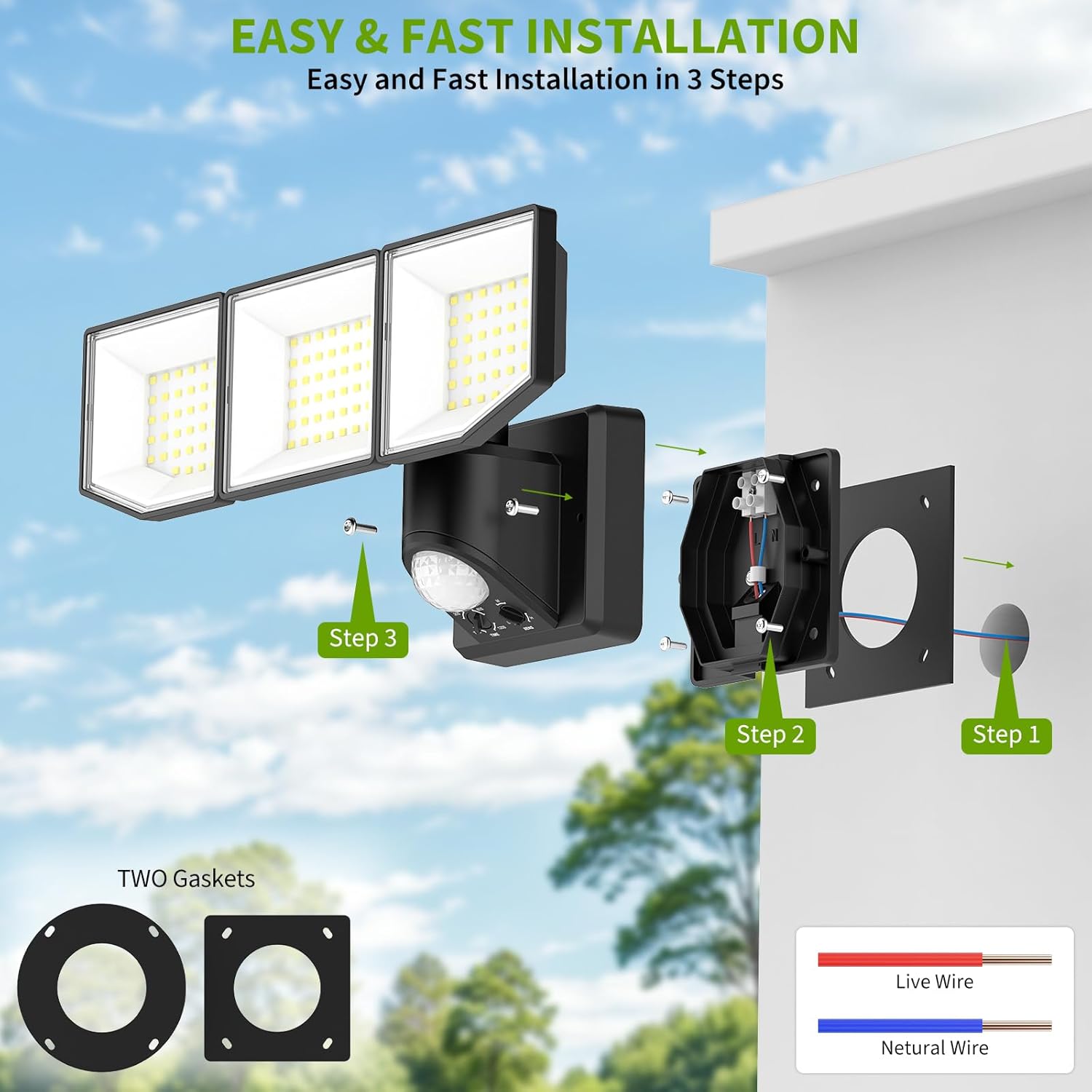 38W 7500LM LED Security Lights Outdoor with Remote Control, 6500K Motion Sensor Flood Light, 3 Modes, IP65 Waterproof, Dusk to Dawn 3-Head Floodlight Fixture for Garage, Yard, Porch (Black)
