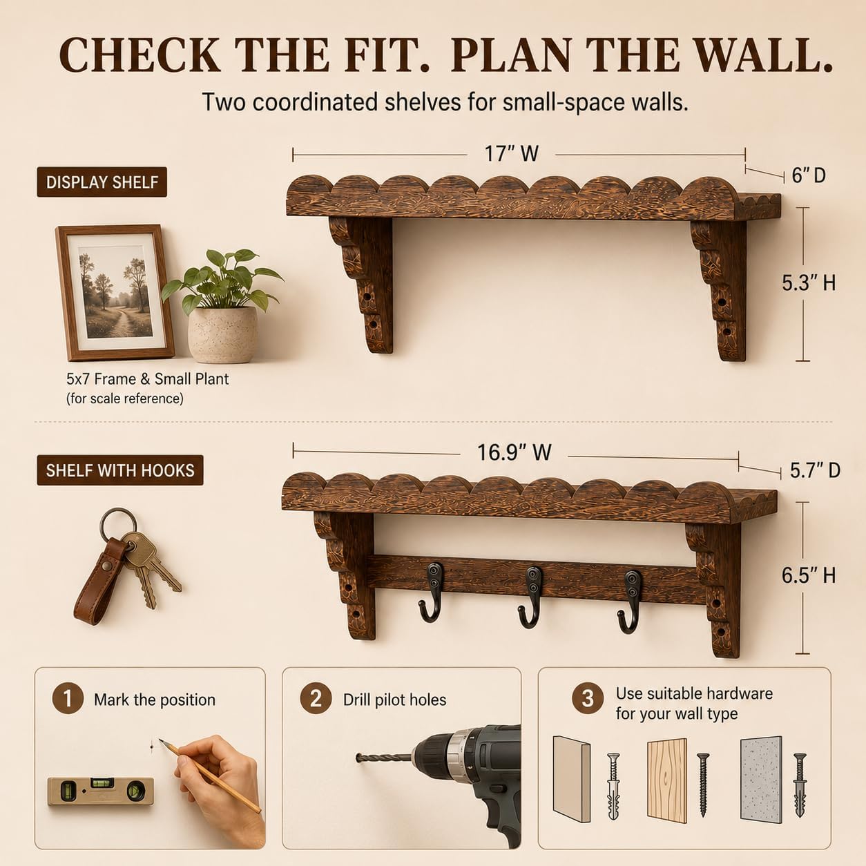 17-Inch Scalloped Rustic Wall Shelves Set of 2, Shelves for Wall-Pine Wood image 2