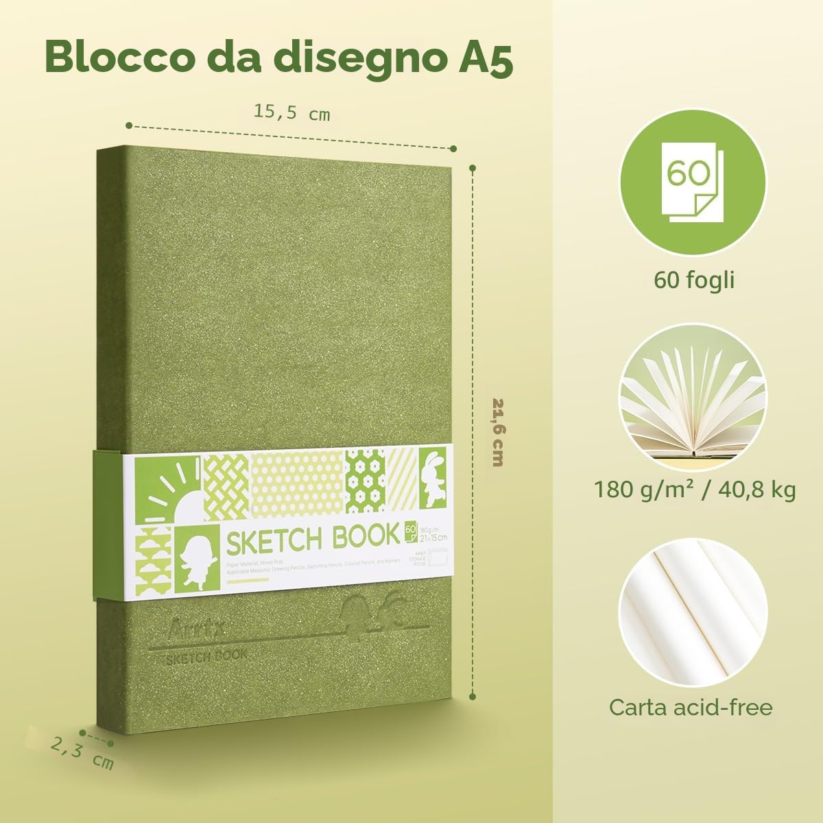 Arrtx - Quaderno per schizzi, formato A5 (21,6 * 15,5 cm) 60 fogli/120 pagine 180 g/m²/90 lb, quaderno per artisti con copertina rigida, carta per disegno resistente senza acidi per inchiostro, penna