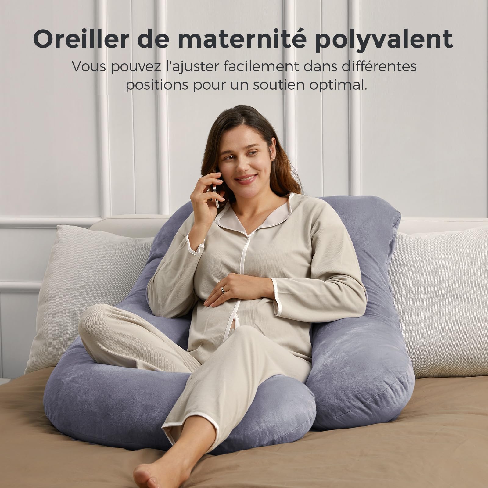 momcozy Coussin de Grossesse, en Velours Cristal, en Forme de U, pour Dormir sur Le côté, 145 cm, soulage Le Dos et Les Hanches