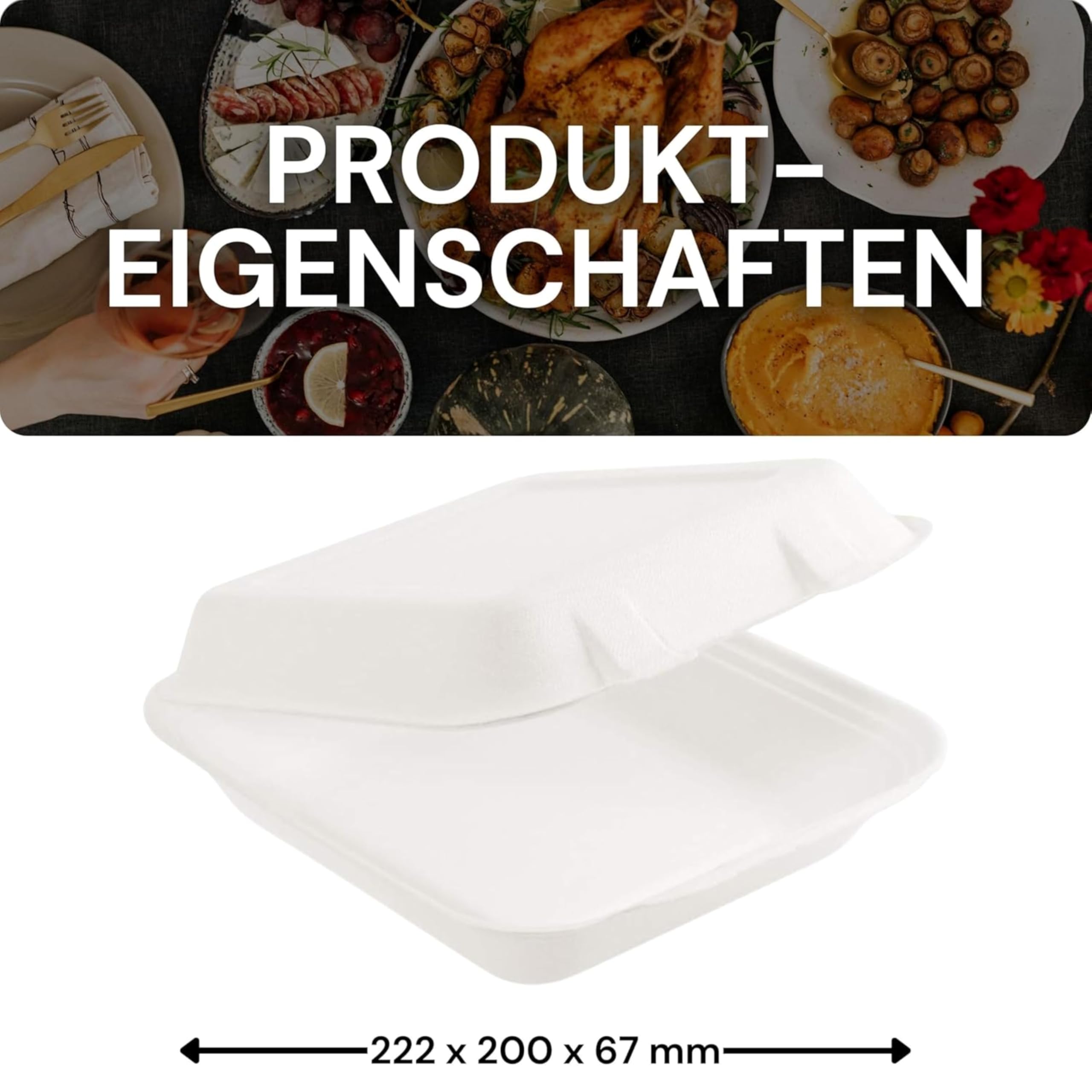 50 Stück Bio Box Take Away weiß 222 x 200 x 67 mm aus Zuckerrohr | nachhaltige To Go Lunchbox Essensbox Bentobox | Lebensmittel Behälter Einweg | kompostierbar auslaufsicher