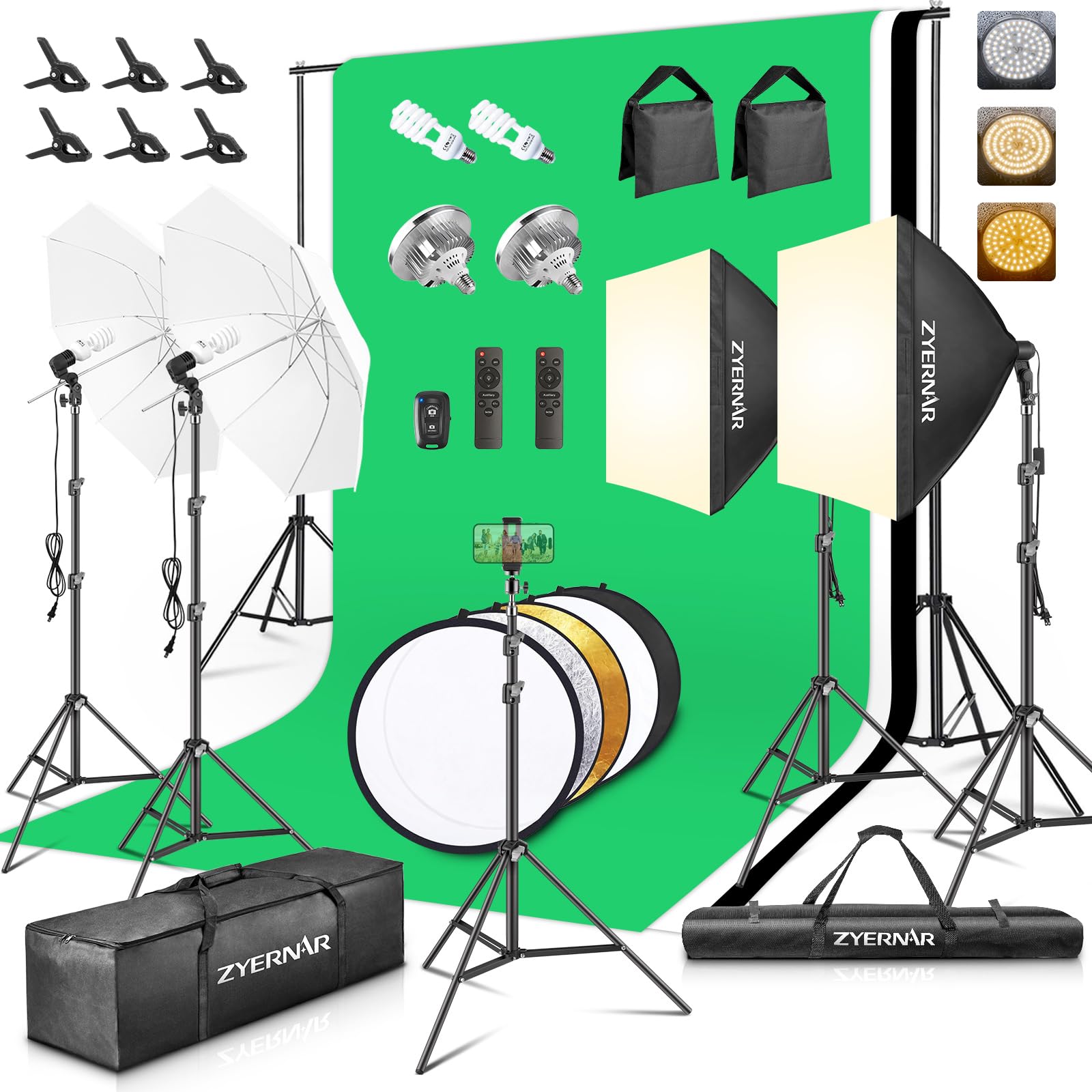 Photography Lighting kit with Backdrops, 8.5x10ft Backdrop Stands, Zyernar LED Bulbs Umbrella Softbox Continuous Lighting, Photo Studio Equipment for