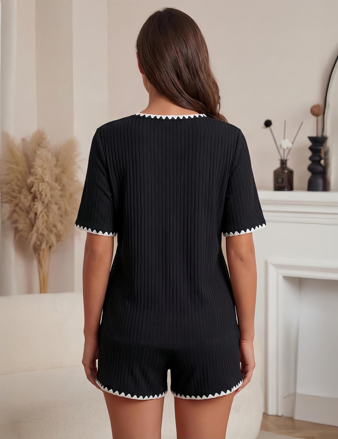 Blooming Jelly Women Color Block Knit Ribbed Pajama Sets 2 Piece Shorts Lounge Sets Soft Comfy Loungewear With Pockets - Image 5