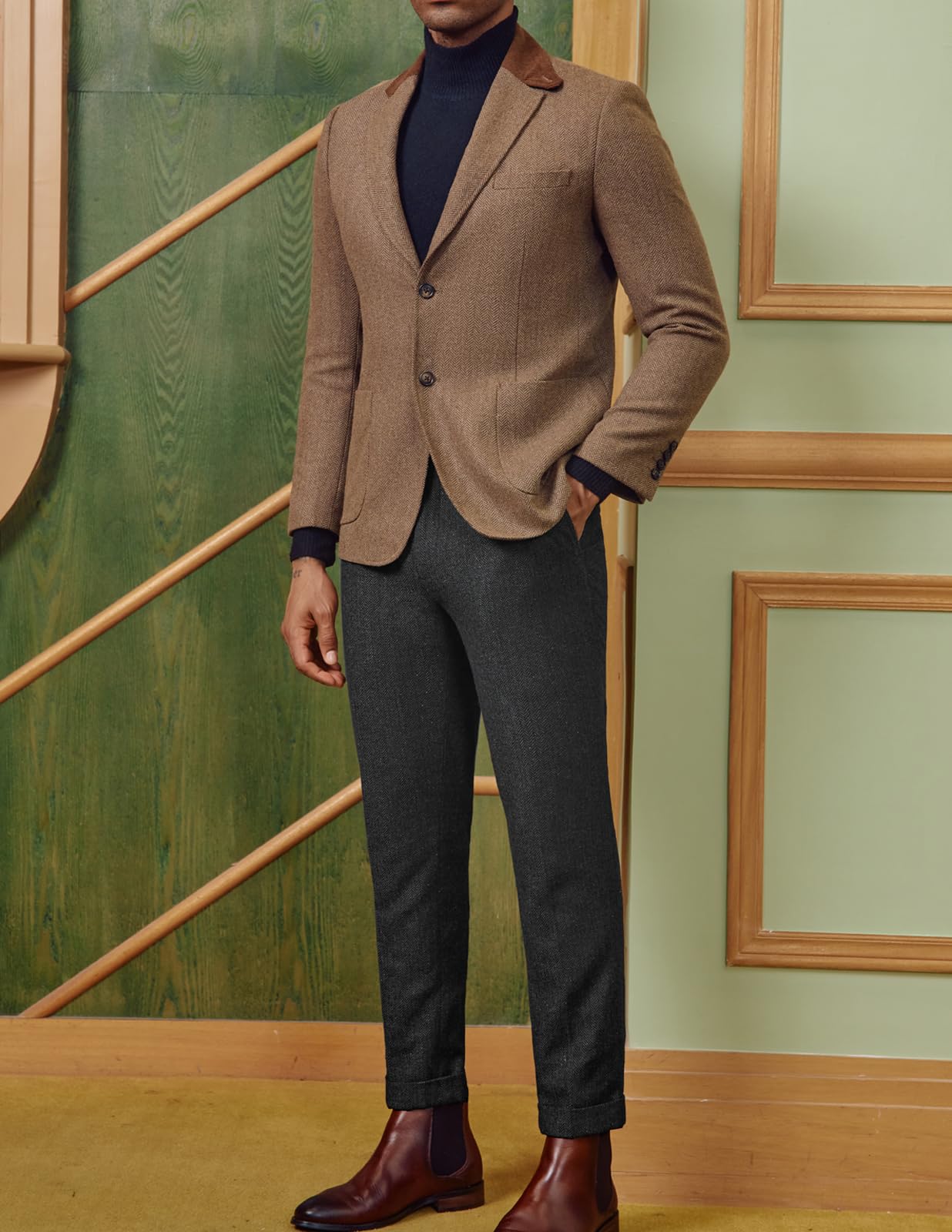 PJ Paul Jones Pantaloni Vintage da Uomo in Tweed a Spina di Pesce Pantaloni a Pieghe, Nero e Grigio., L