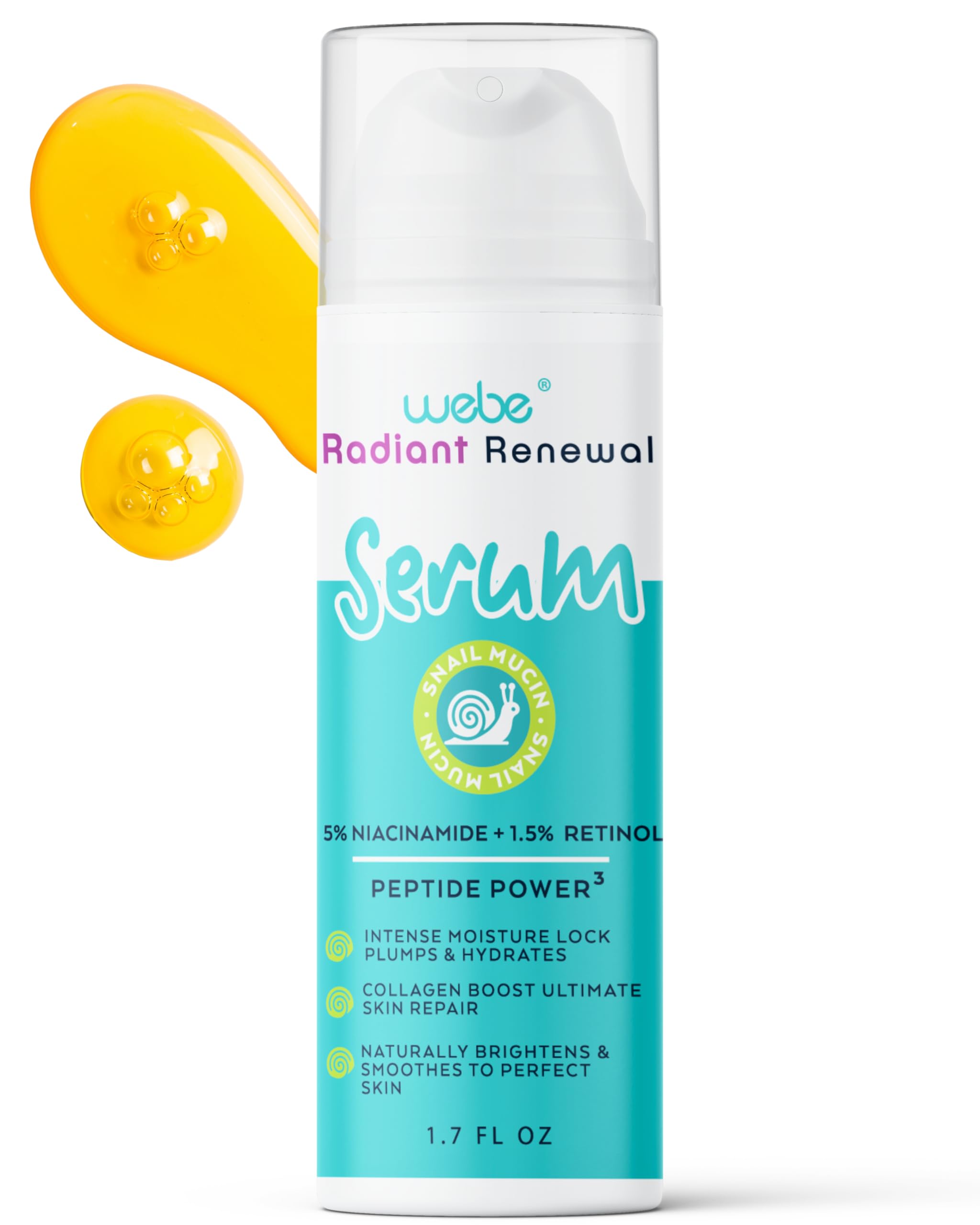 WEBE Naturals Snail Mucin Retinol 1.5% Radiant Renewal Serum | Niacinamide 5%, Vitamin C, Peptide Booster, Hyaluronic Acid & Zinc PCA | Anti-Aging Plumping Intense Moisture Lock, Glowing Smooth Skin