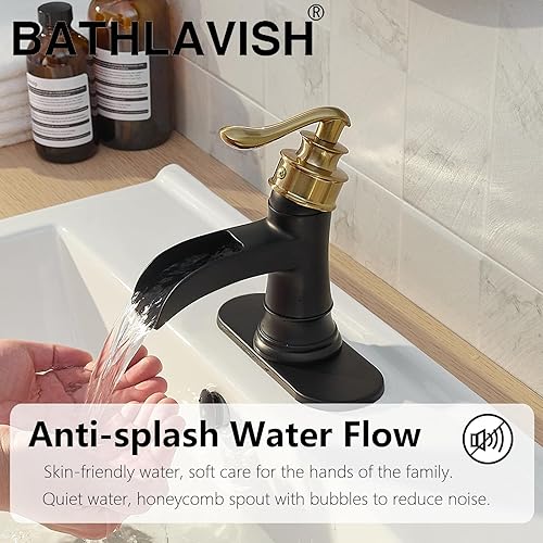 Miniatura 5 de Grifo de baño negro y dorado, fregadero de cascada de un solo orificio con desagüe desplegable con desbordamiento de una sola manija para tocador de