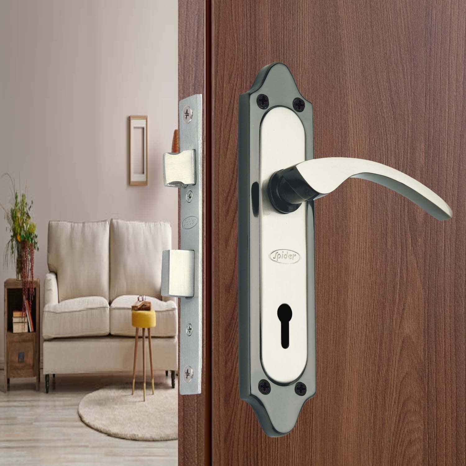 Spider Steel Heavy Duty Mortise Door Lock Set with Size - 7 Inch (178mm) Black Silver Finish (S509MBS + RML6) for Bedroom, Living Room, Main Door