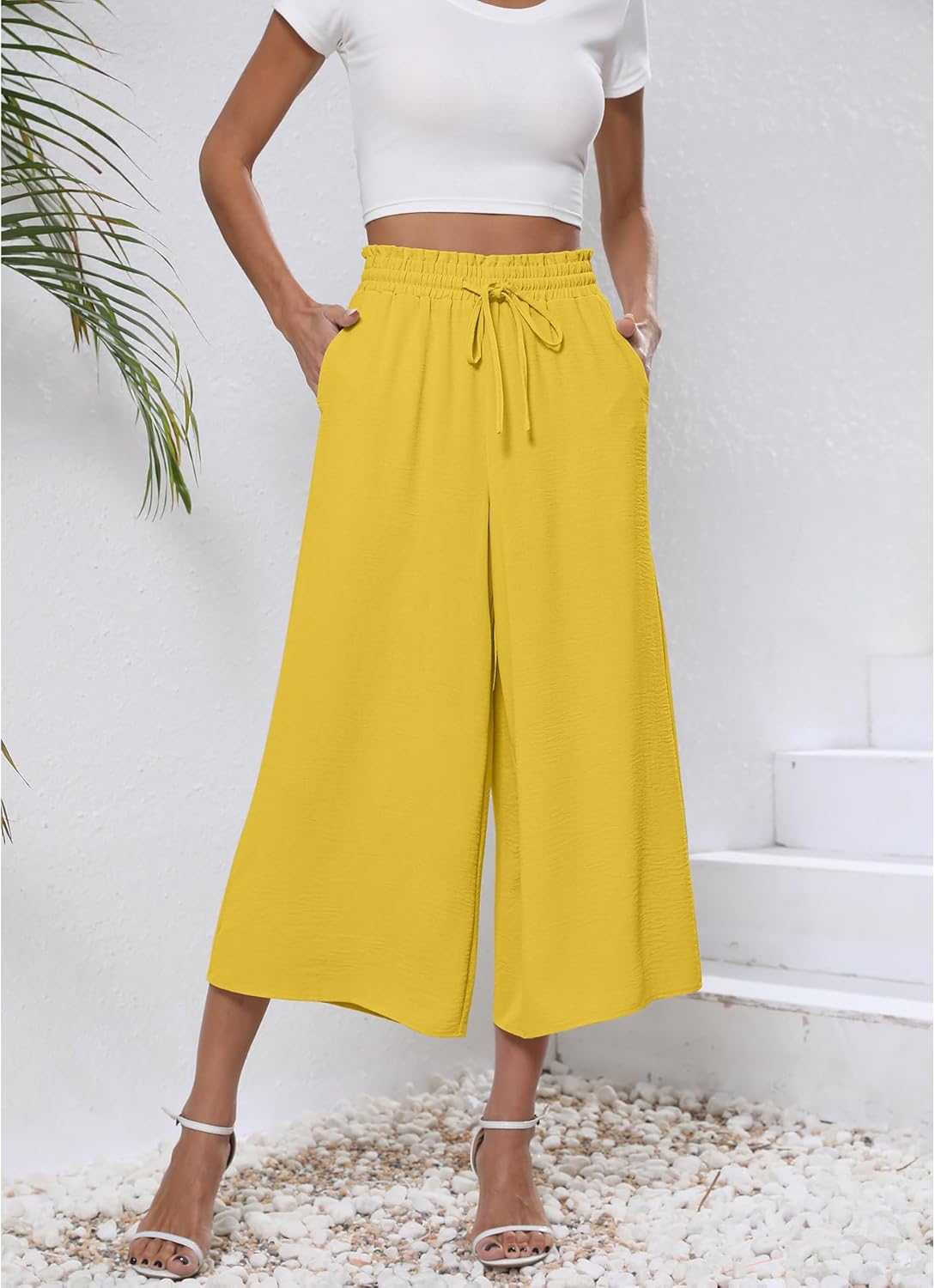 CZYINXIAN Womens Flowy Wide Leg Pants Casual Summer Beach Elastic Waist Trousers Trendy Business Work Pants with Pockets - Image 2