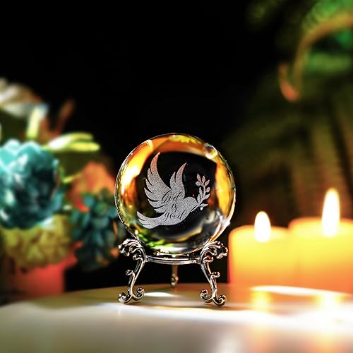 Miniatura 8 de ZEERSHEE Bola de paloma de la paz de cristal de 2.362 in, paloma grabada con láser con rama de olivo, adorno de paloma de cristal con soporte para