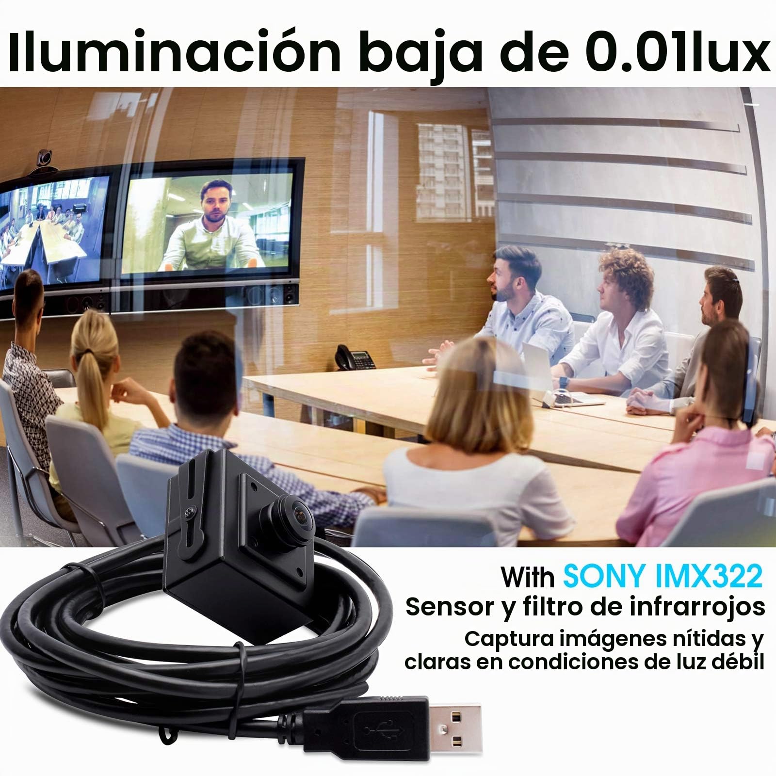 Svpro Cámara Full HD 1080P Low Light USB con carcasa de aluminio, sensor IMX323 Mini USB Webcam 2MP H.264 USB con micrófono digital integrado para PC o proyecto integrado