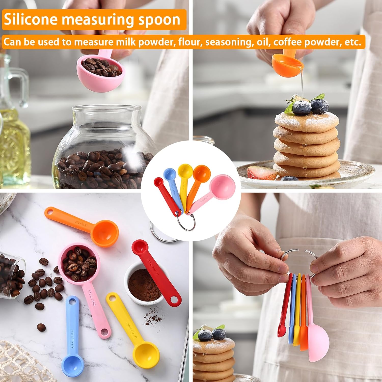 2PCS Stainless Steel Flour Sifter (6-8 Inch) + 5PCS Tablespoon Measuring Spoon + 1PCS Cleaning Brush, 60 Mesh Fine Mesh Filter Round Sieve, Hand-Operated Baking Flour Strainer for Household Use