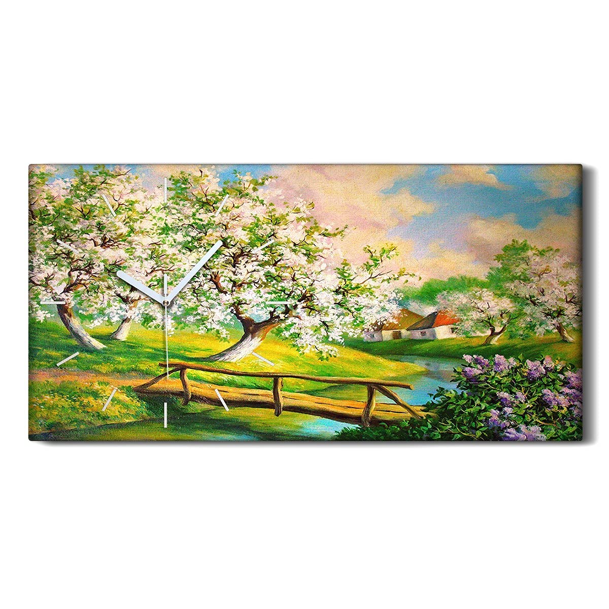 Horloge sur Toile 60x30cm Coloray - Fleurs de Rivière et Mains Blanches Silencieuse
