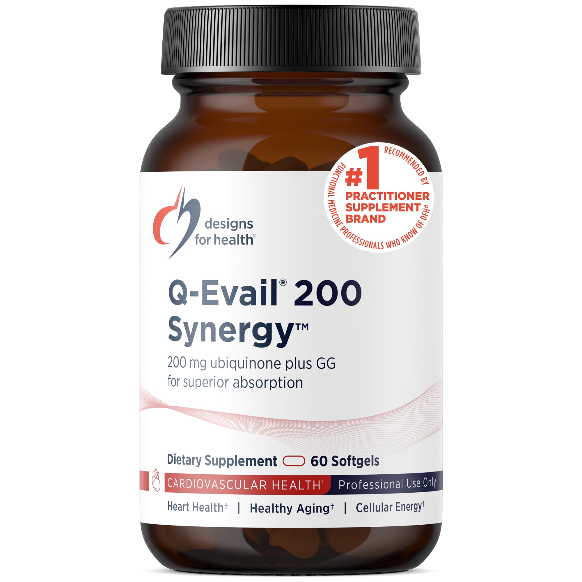 Designs for Health Q-Evail 200 Synergy – 200 mg CoQ10 Highly Bioavailable Ubiquinone + Exclusive Absorption Technology – Coenzyme Q10 Boost with GG – Heart, Healthy Aging + Cell Support (60 Softgels) 60 Count (Pack of 1)