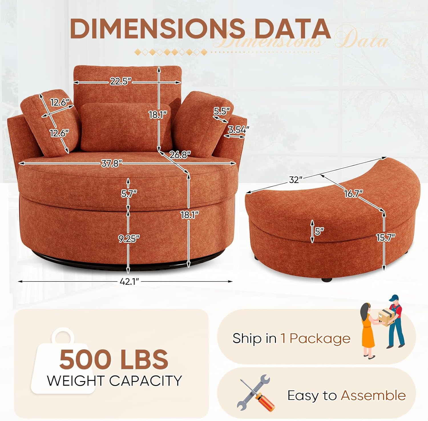 Oversized Swivel Accent Chair with Half Moon Storage Ottoman, 42" W Chenille Round Swivel Barrel Chair, Modern Upholstered Comfy Single Sofa Armchair for Living Room, Bedroom, Club(Orange)