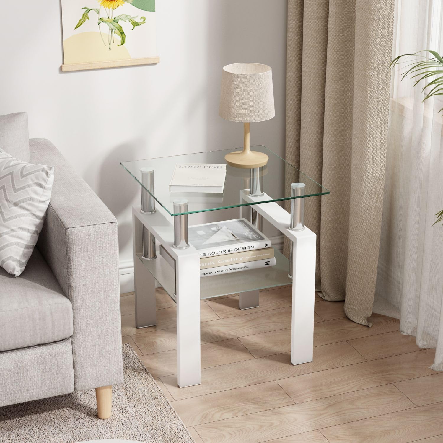 Meihua Glass Side Table for Small Space, Square Glass End Table, 2-Tier Modern Nightstand with Metal Legs for Living Room & Bedroom, Clear Glass and White Leg