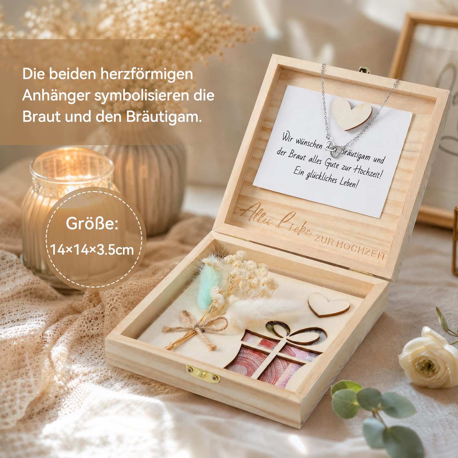 Geldgeschenk Hochzeit Holz, Geldgeschenke zur Hochzeit, Hochzeitsgeschenk Geld, mit Hochzeitskarte Trockenblumen, Hochzeitsgeschenke für Brautpaar, mit Herzförmiges Armband,14 x 14 x 3,5 cm